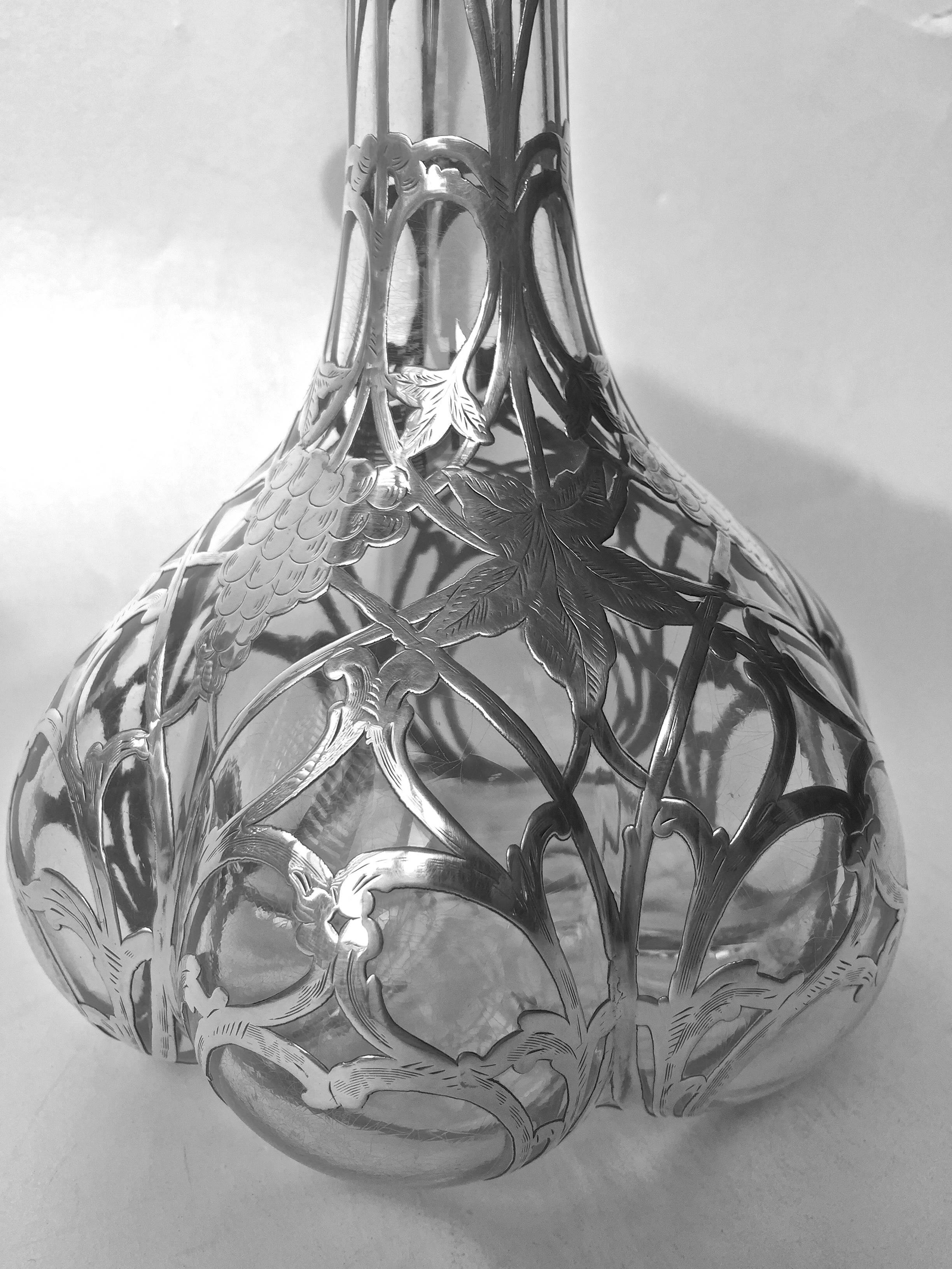 American Art Nouveau Sterling Silver Overlay Steuben Clear Glass Decanter, circa 1900 For Sale