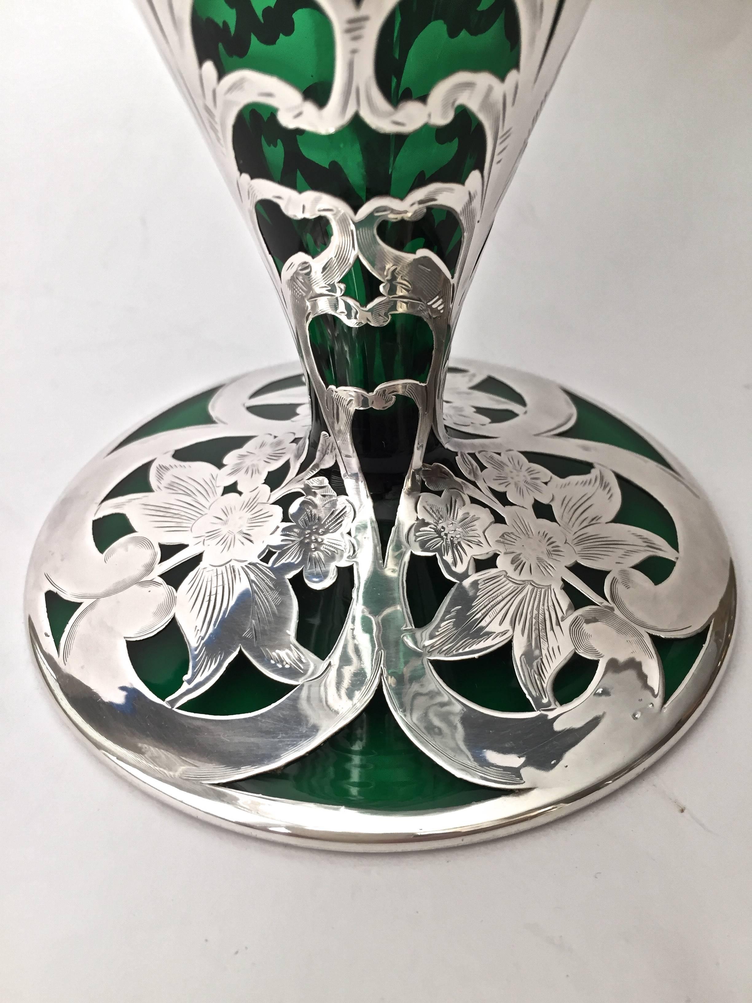 Large American Art Nouveau Sterling Silver Overlay Vase, circa 1900 In Excellent Condition For Sale In Redding, CA