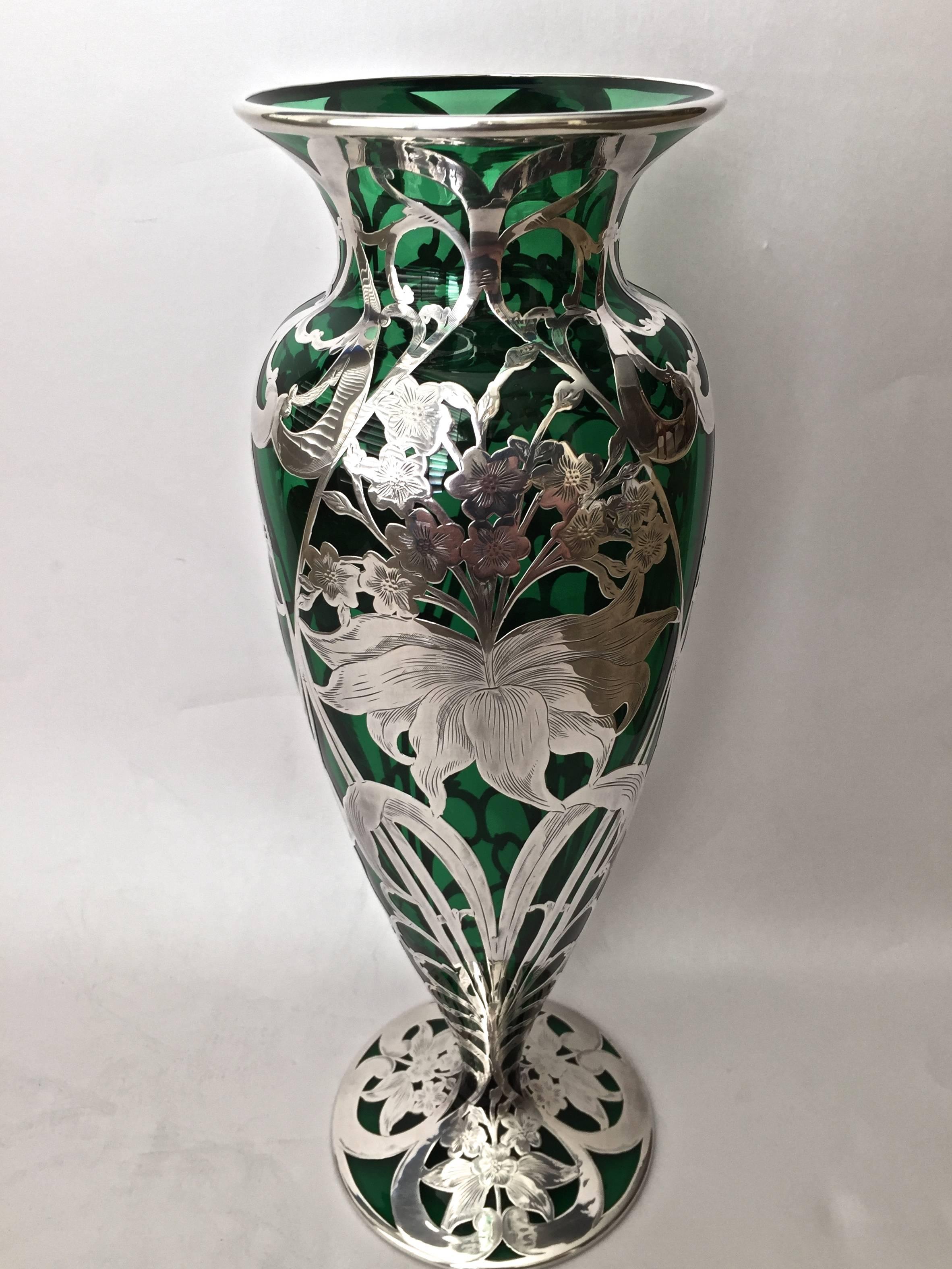 Early 20th Century Large American Art Nouveau Sterling Silver Overlay Vase, circa 1900 For Sale
