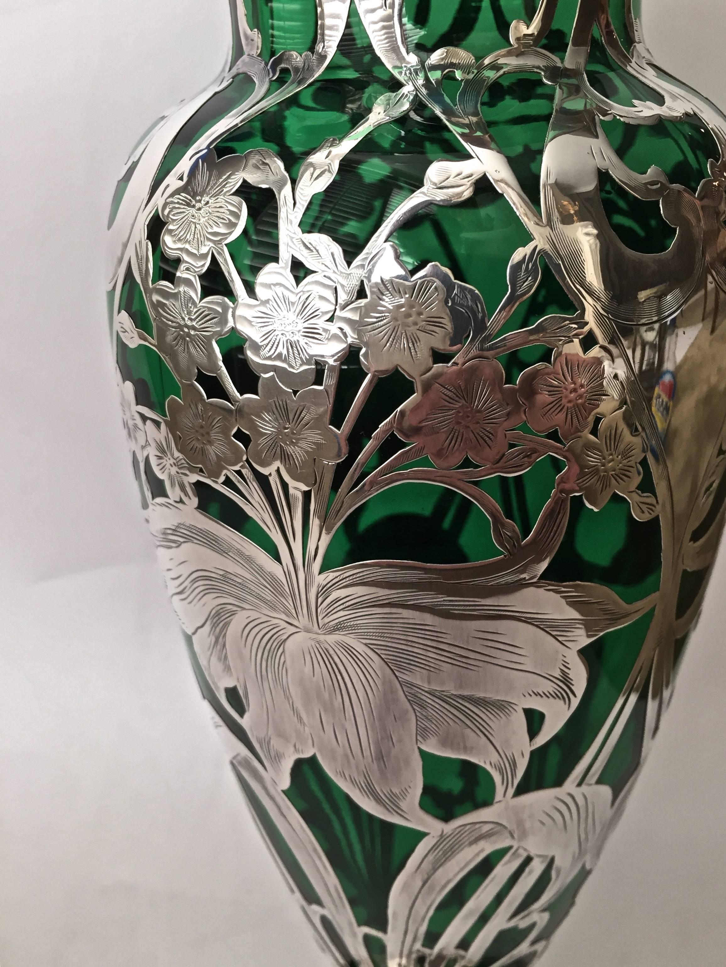 Large American Art Nouveau Sterling Silver Overlay Vase, circa 1900 For Sale 2