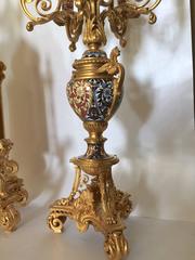 Large French Champlevé Enamel Gilt Bronze Clock Set, Late 19th Century