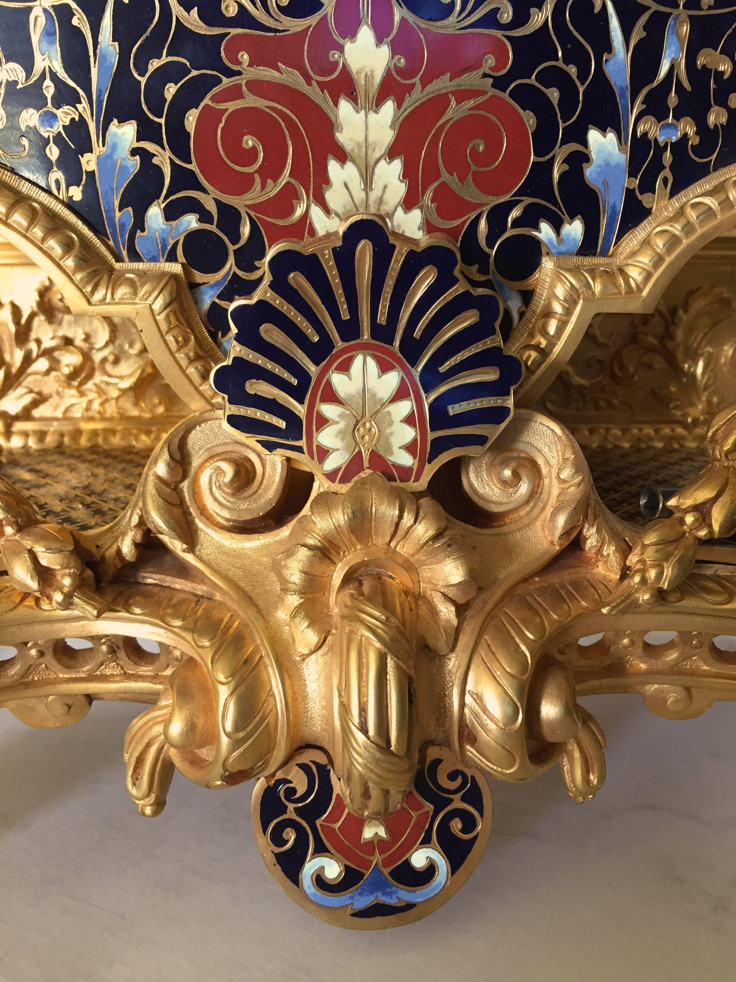 Louis XVI Large French Champlevé Enamel Gilt Bronze Clock Set, Late 19th Century For Sale