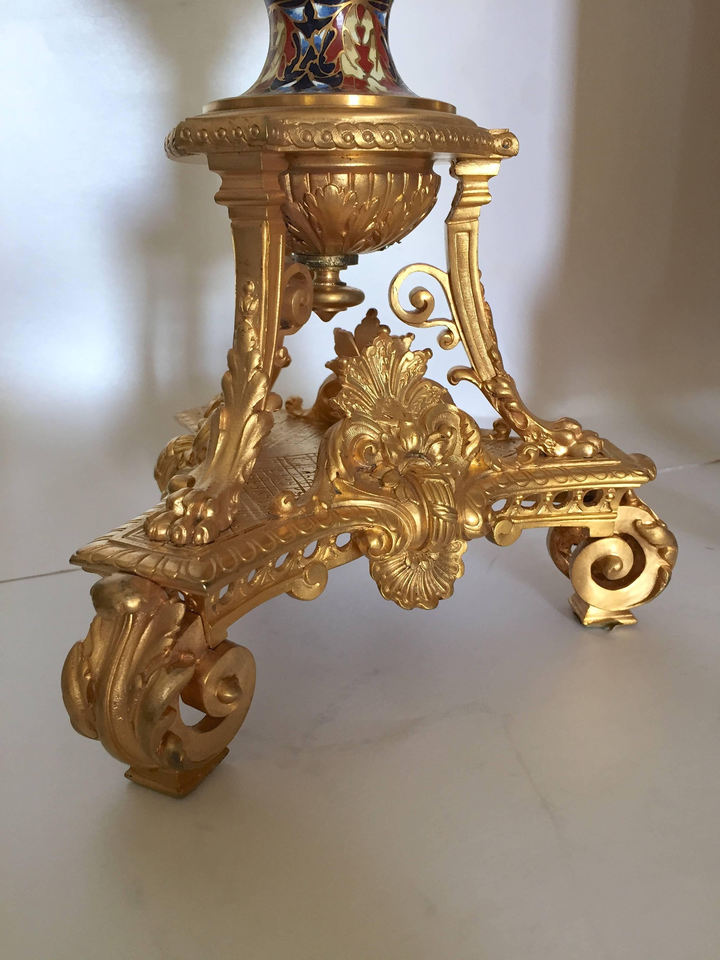 Cast Large French Champlevé Enamel Gilt Bronze Clock Set, Late 19th Century For Sale