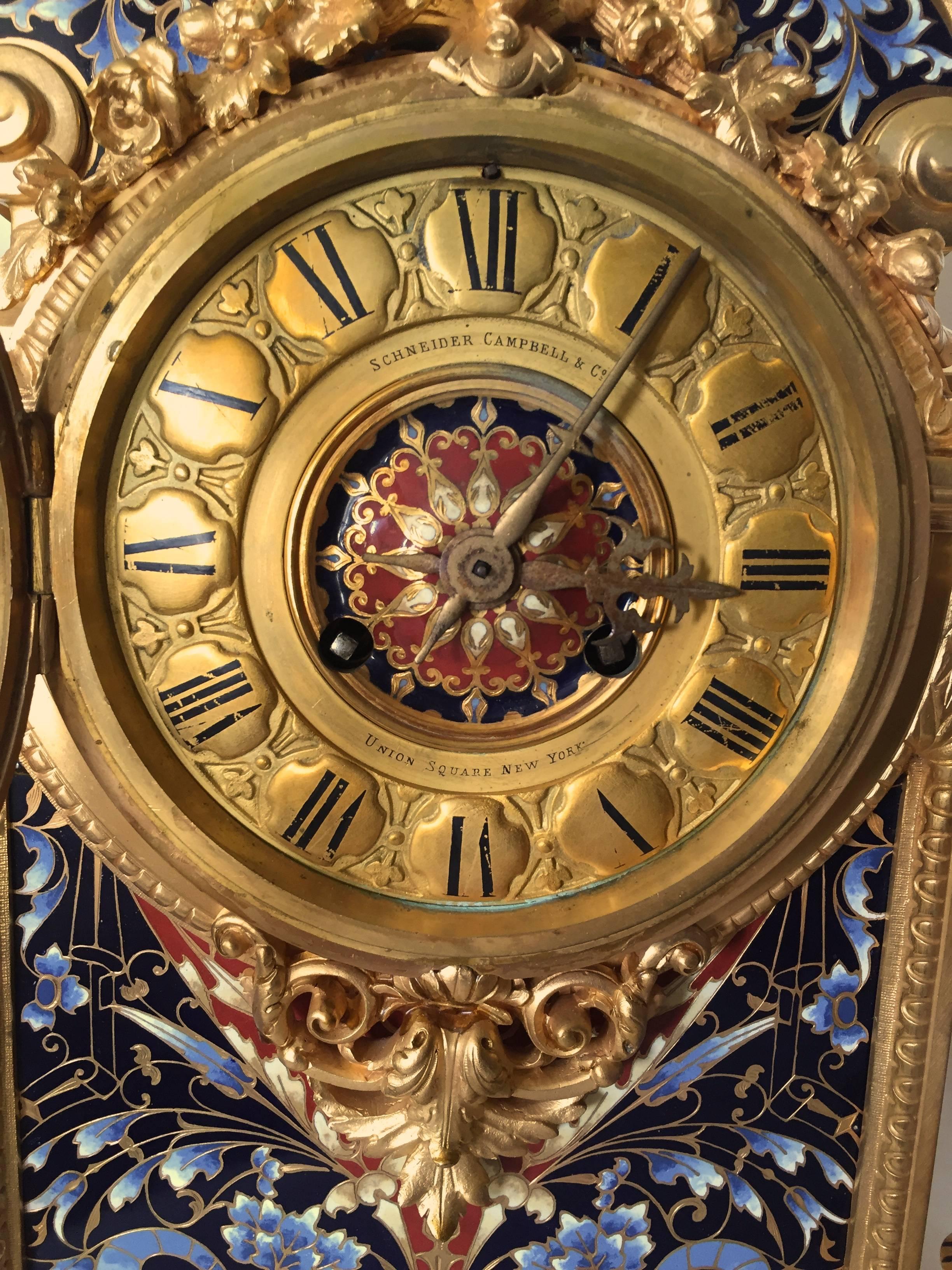 Large French Champlevé Enamel Gilt Bronze Clock Set, Late 19th Century For Sale 1