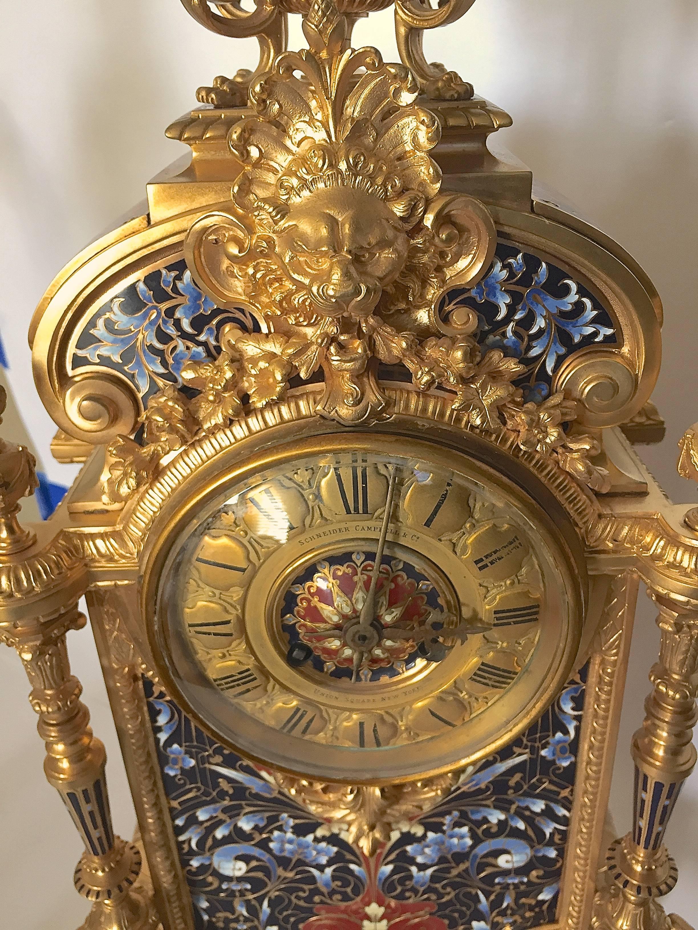 Large French Champlevé Enamel Gilt Bronze Clock Set, Late 19th Century For Sale 2