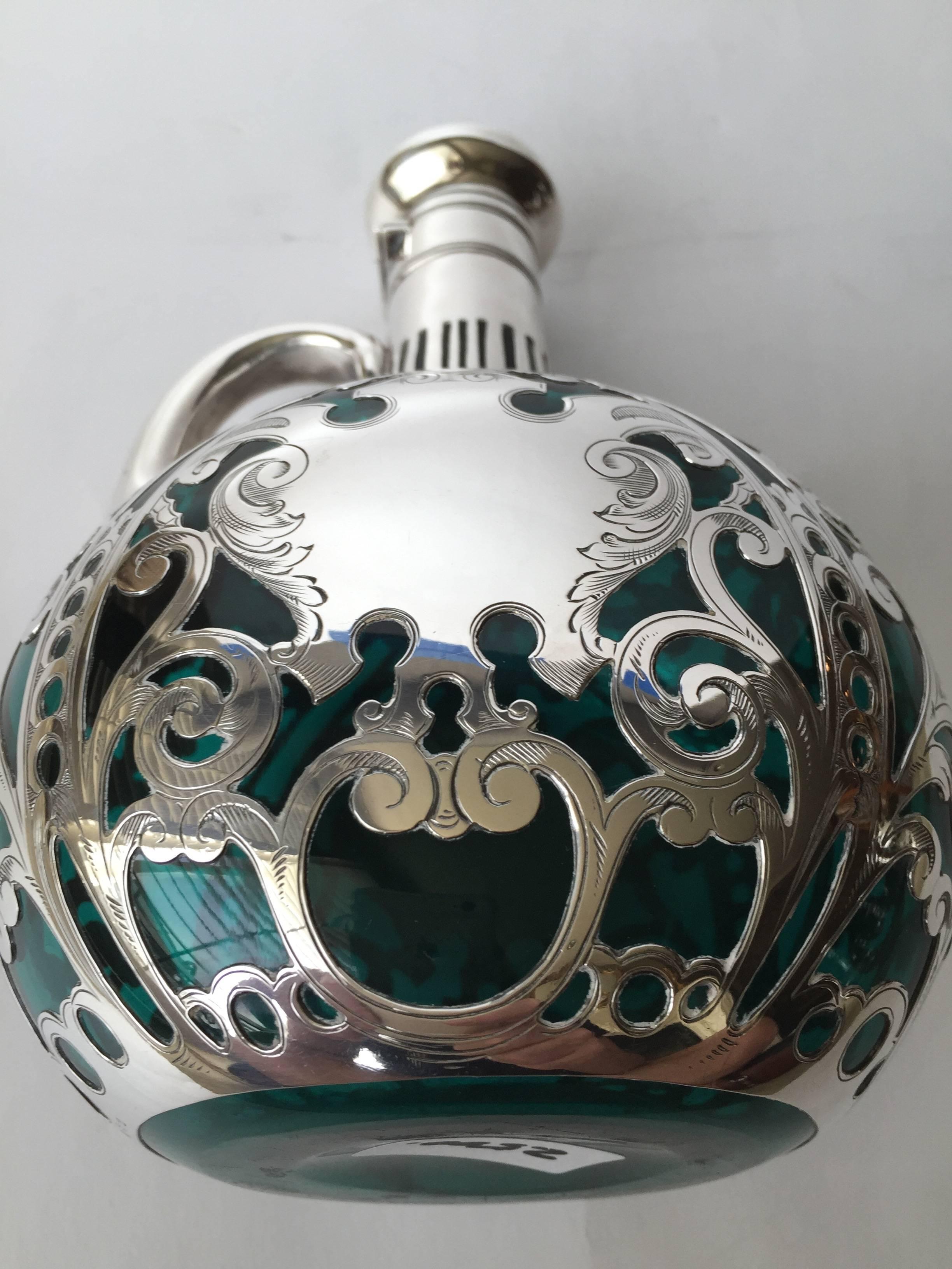 Gorham Sterling Silver Overlay Green Glass Art Nouveau Decanter, circa 1900 In Excellent Condition For Sale In Redding, CA