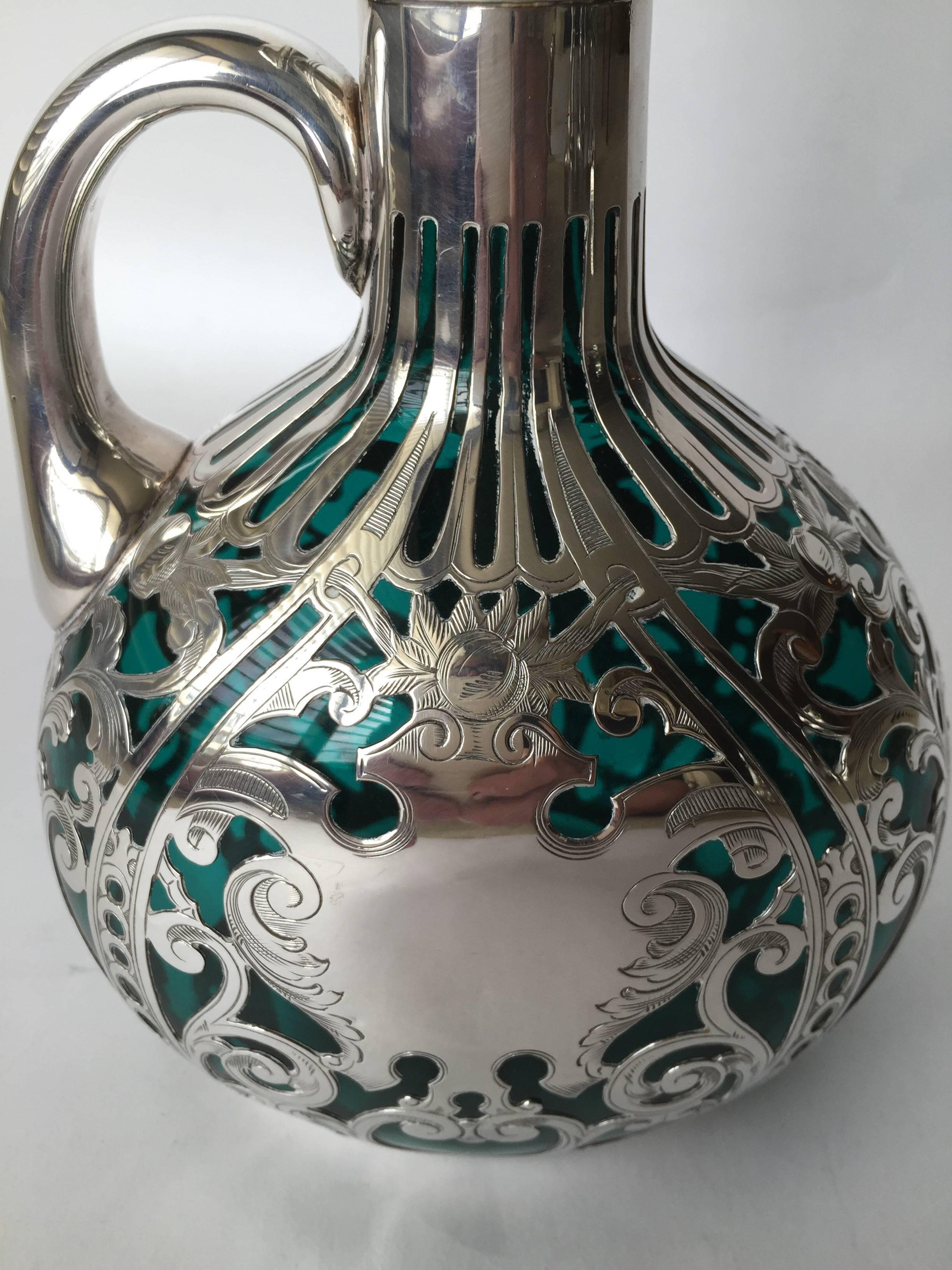 Early 20th Century Gorham Sterling Silver Overlay Green Glass Art Nouveau Decanter, circa 1900 For Sale