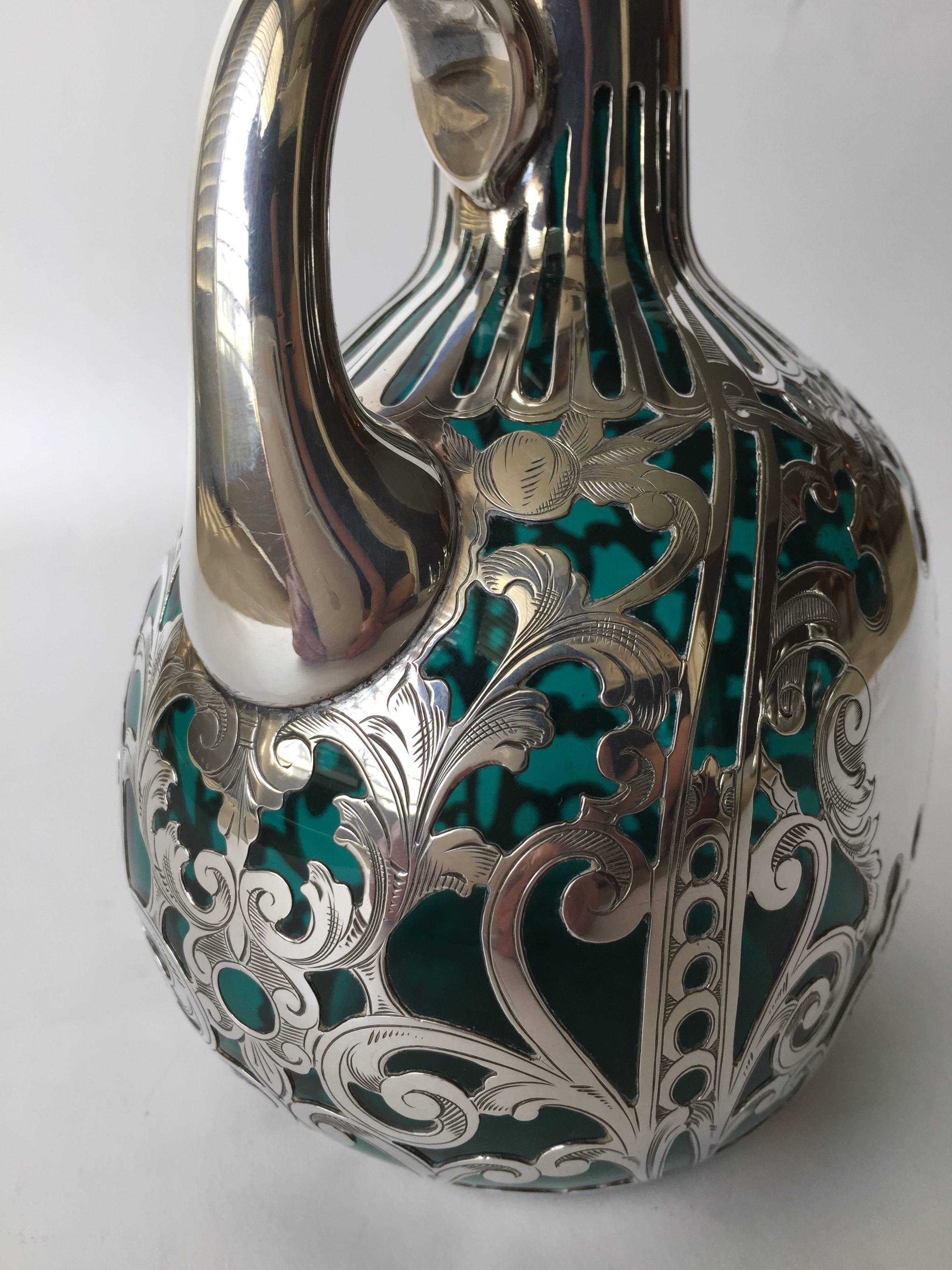 Gorham Sterling Silver Overlay Green Glass Art Nouveau Decanter, circa 1900 For Sale 1
