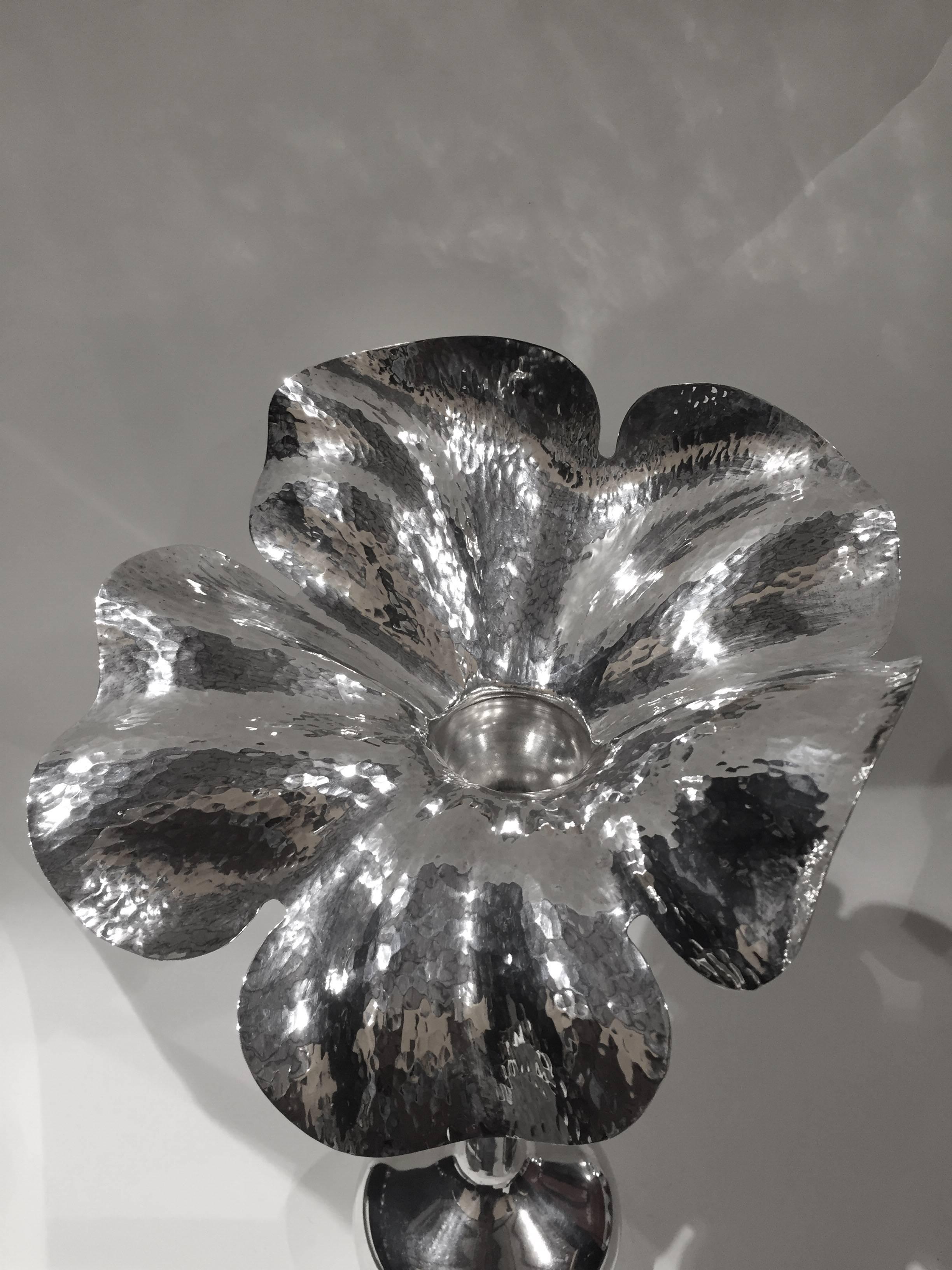 Mid-Century Modern Vintage M M Evolucao Hammered Silver Plated Flora Form Vase For Sale