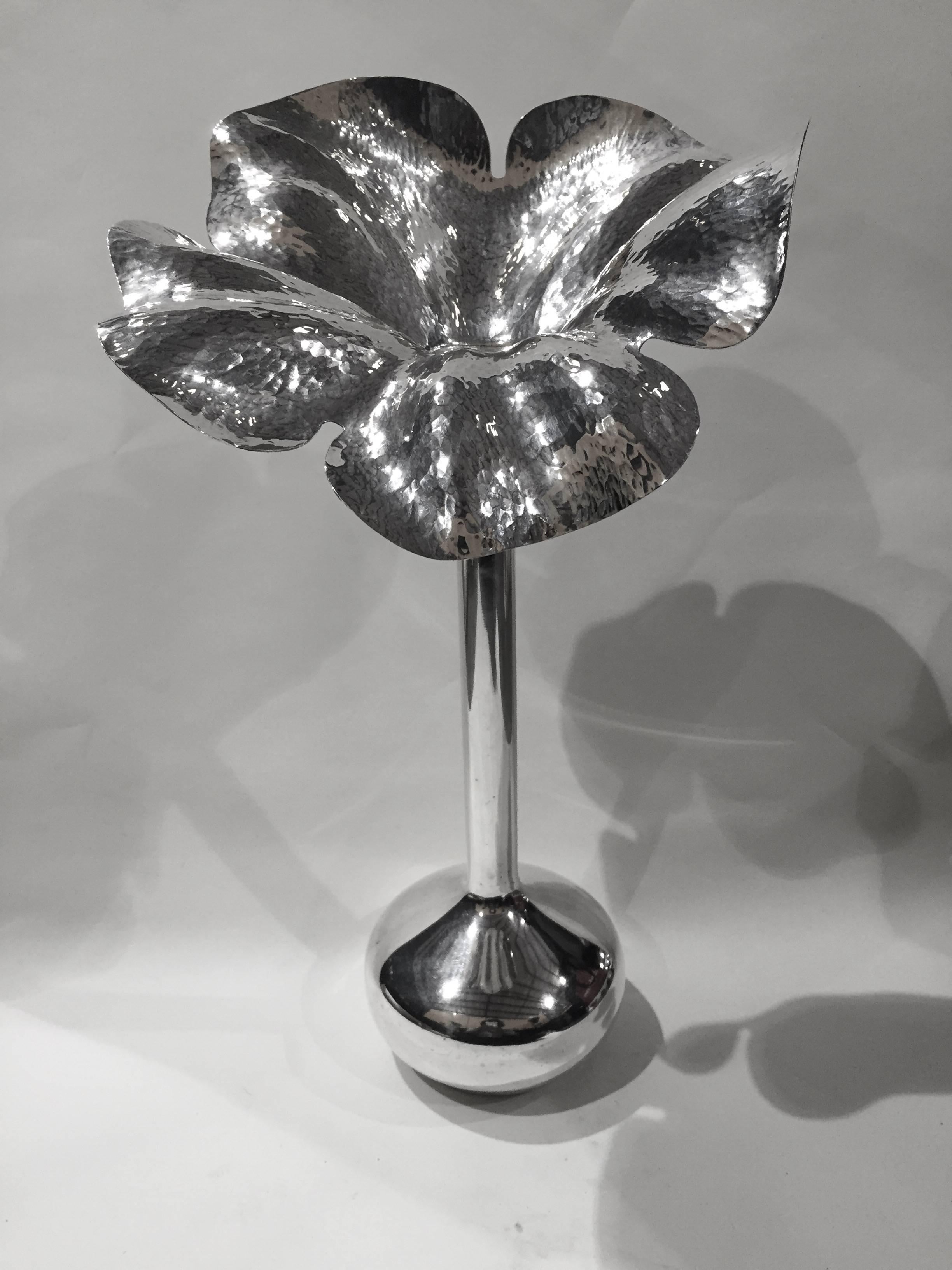 Brazilian Vintage M M Evolucao Hammered Silver Plated Flora Form Vase For Sale