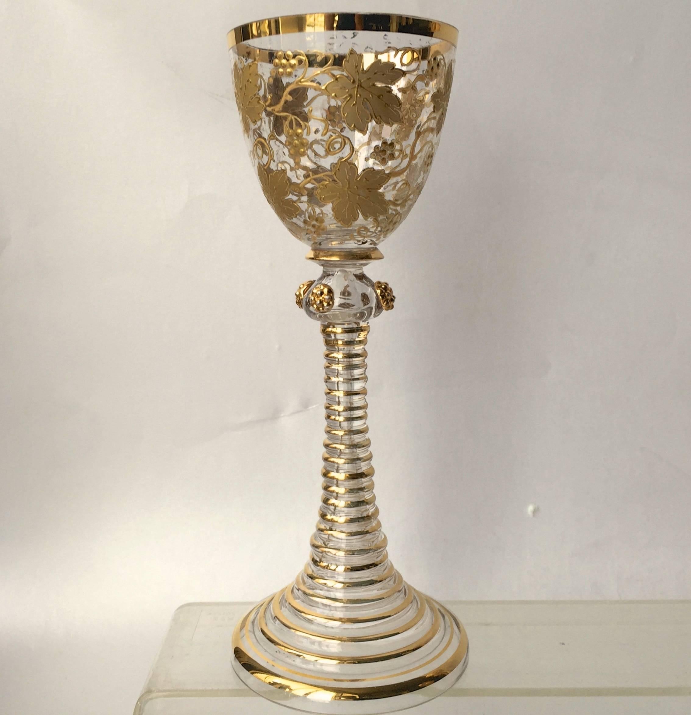 Gilt Antique Moser Glass Wine Stems Heavy Raised Gold Vintage Pattern, circa 1900 For Sale