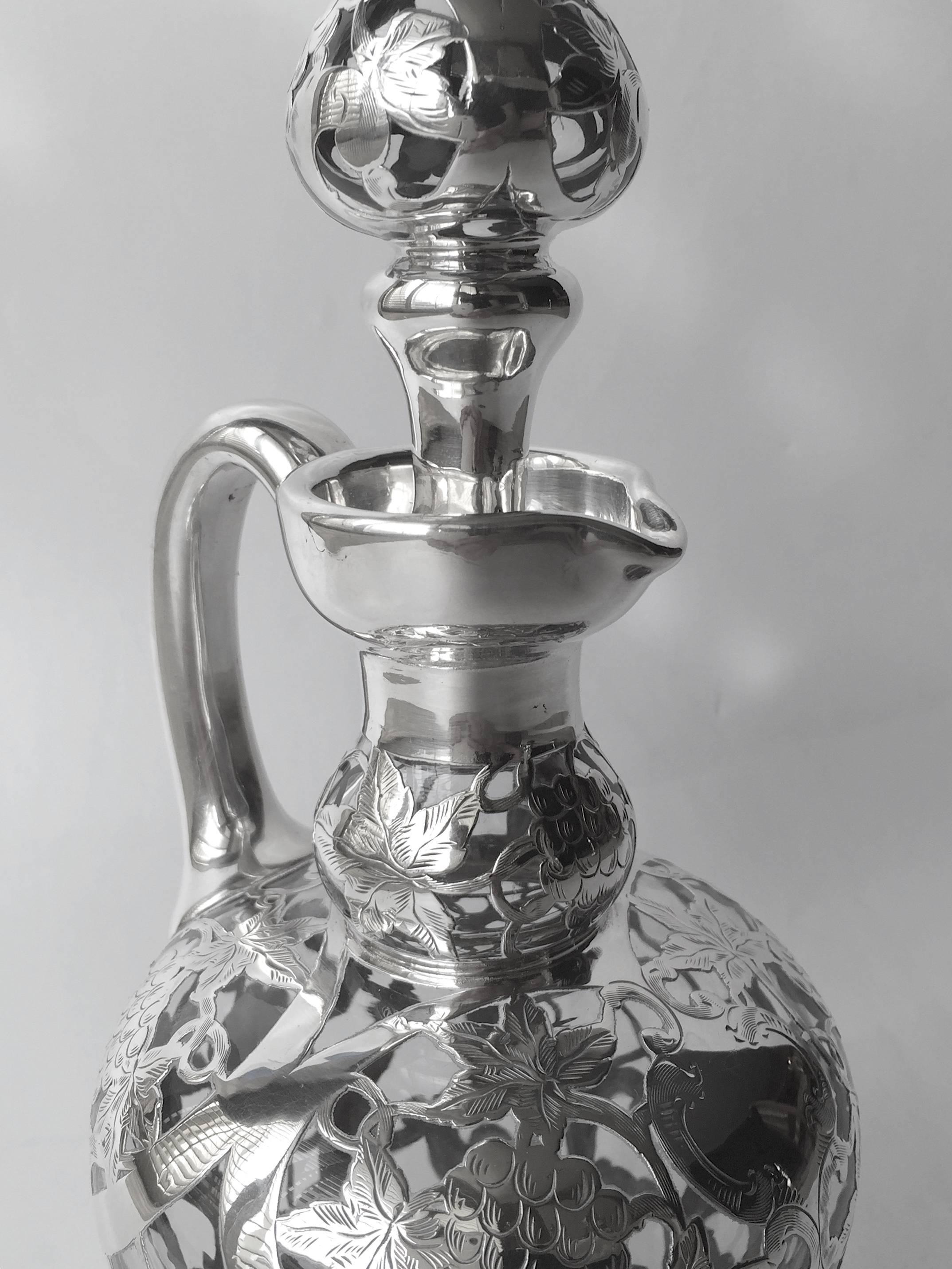 Antique Steuben sterling silver overlay decanter, silver by Alvin, a wonderful shape on this example with beautiful silver work, the decoration is chased over in fine detail in a vintage grape and leave pattern with trellising, also with a deluxe