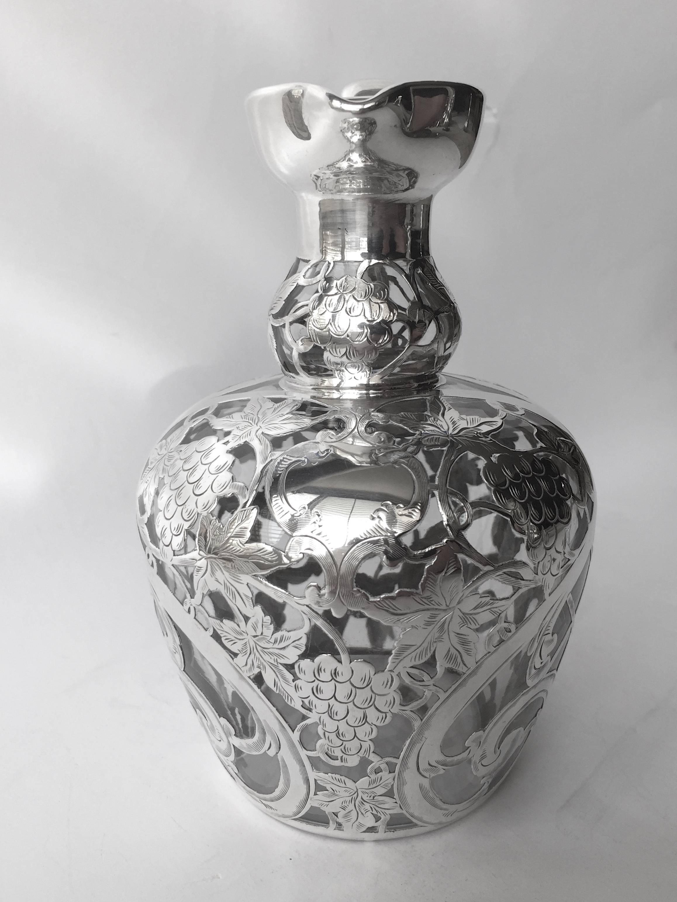 Glass Antique Steuben Art Nouveau Sterling Silver Overlay Decanter, circa 1900 For Sale