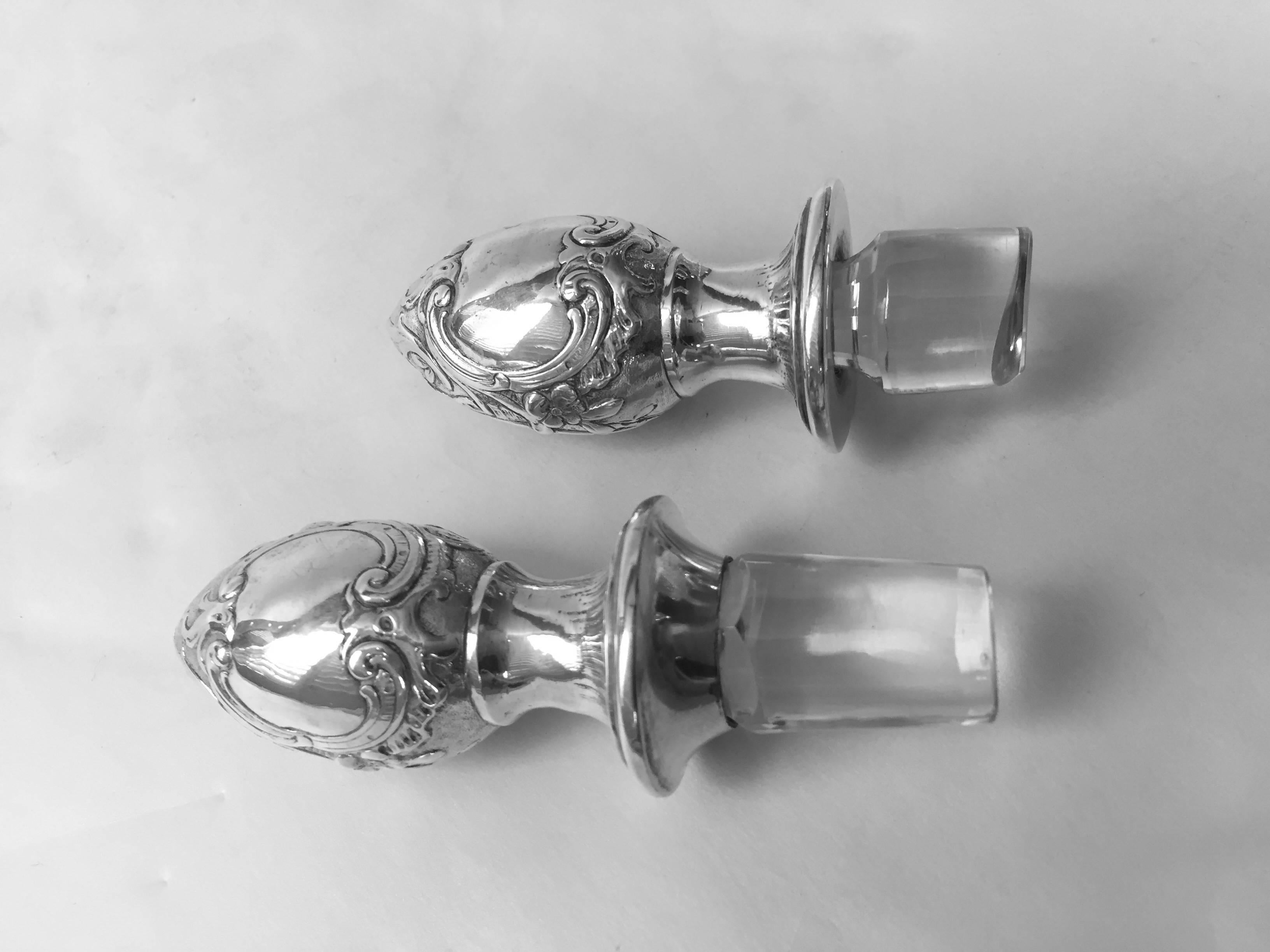 Cast Antique Sheffield England Sterling and Etched Glass Decanters, circa 1900 For Sale