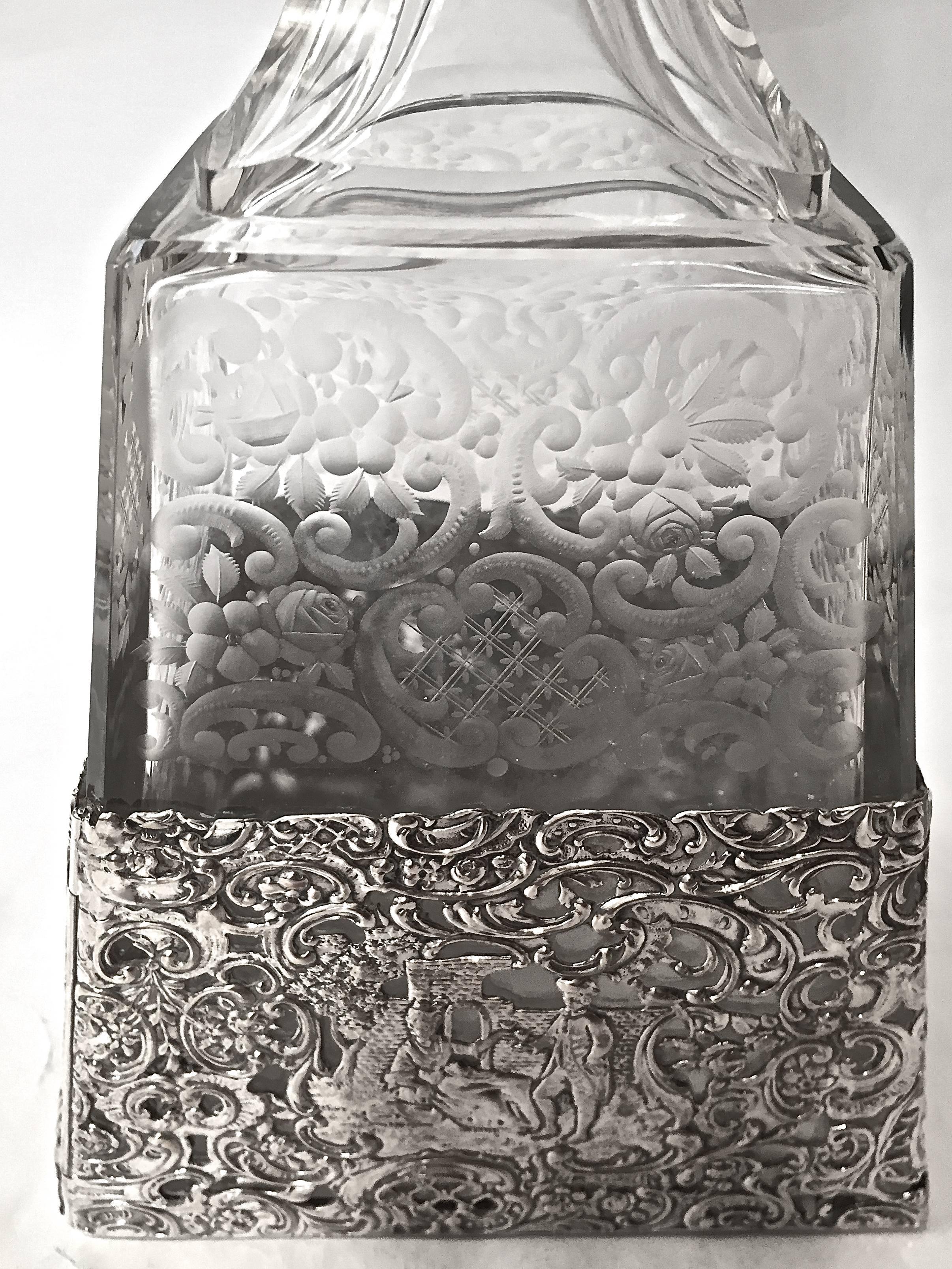 Antique Sheffield England Sterling and Etched Glass Decanters, circa 1900 For Sale 1