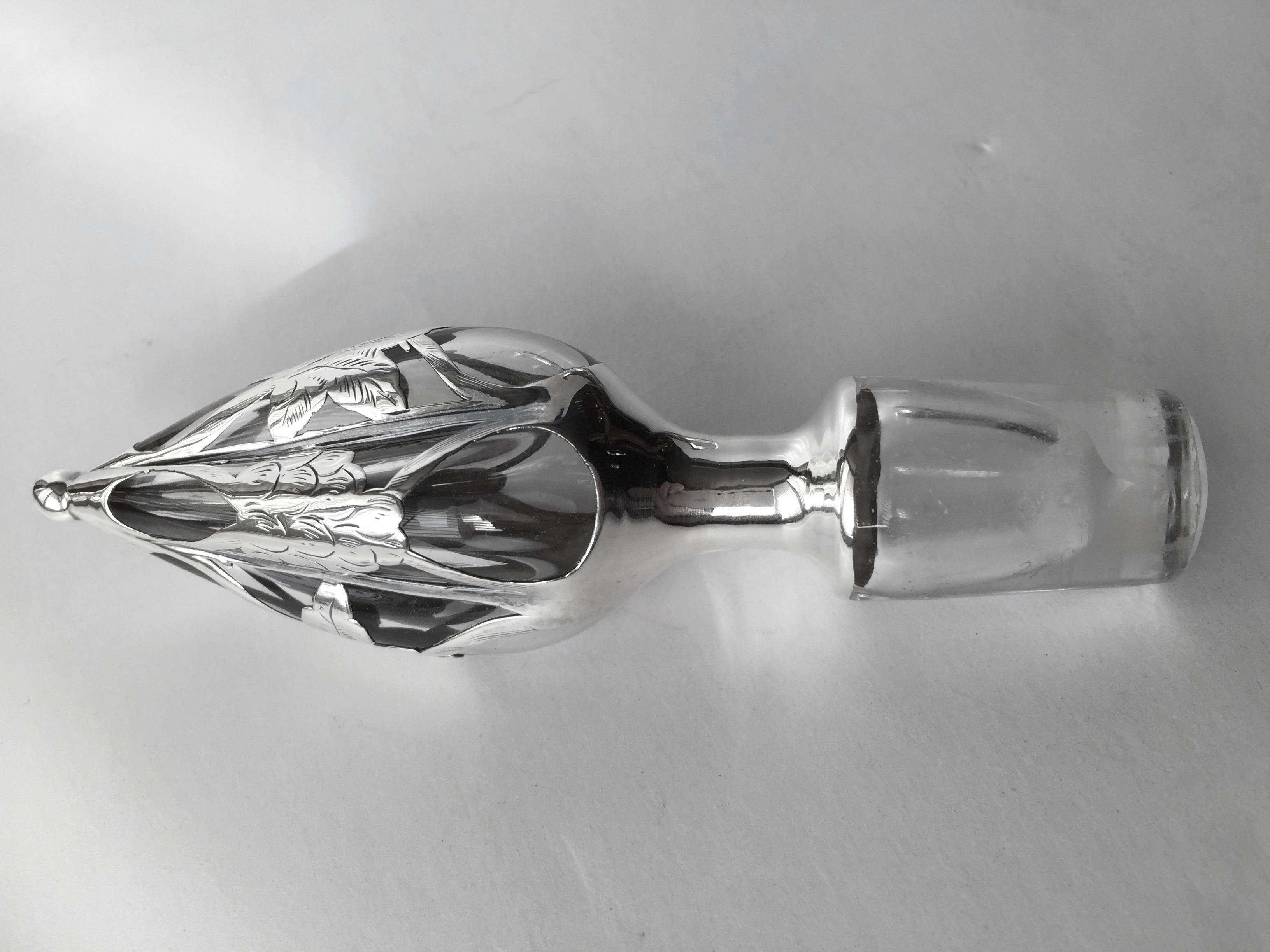 American Steuben Glass Sterling Silver Overlay Decanter Blown Out Shape, circa 1900 For Sale