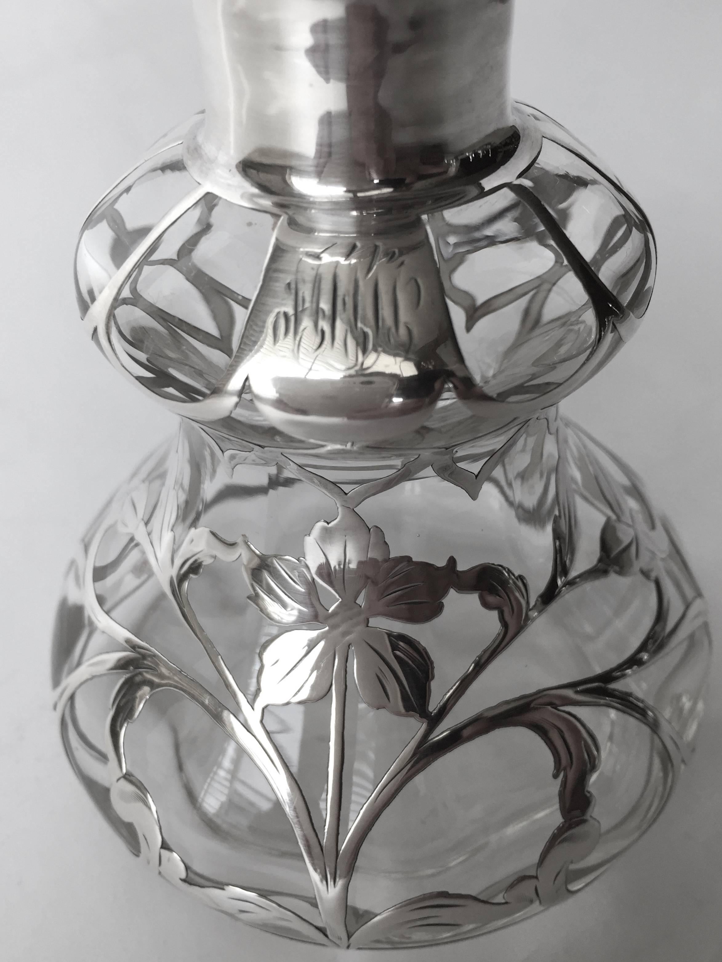 Glass Antique American Sterling Silver Overlay Perfume Bottle Art Nouveau, circa 1900 For Sale