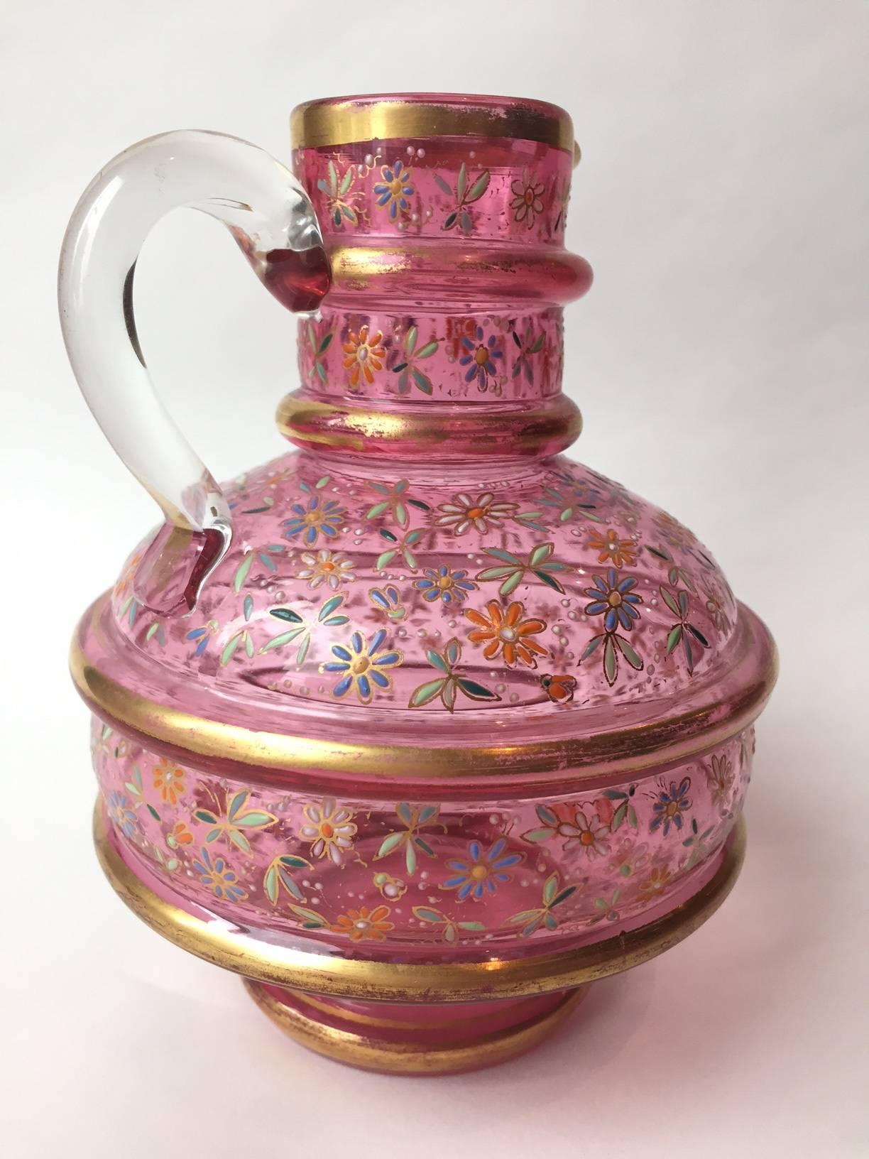 Art Nouveau Antique Moser Glass Pitcher Enamel and Gilt Decorated with Flowers, circa 1900 For Sale