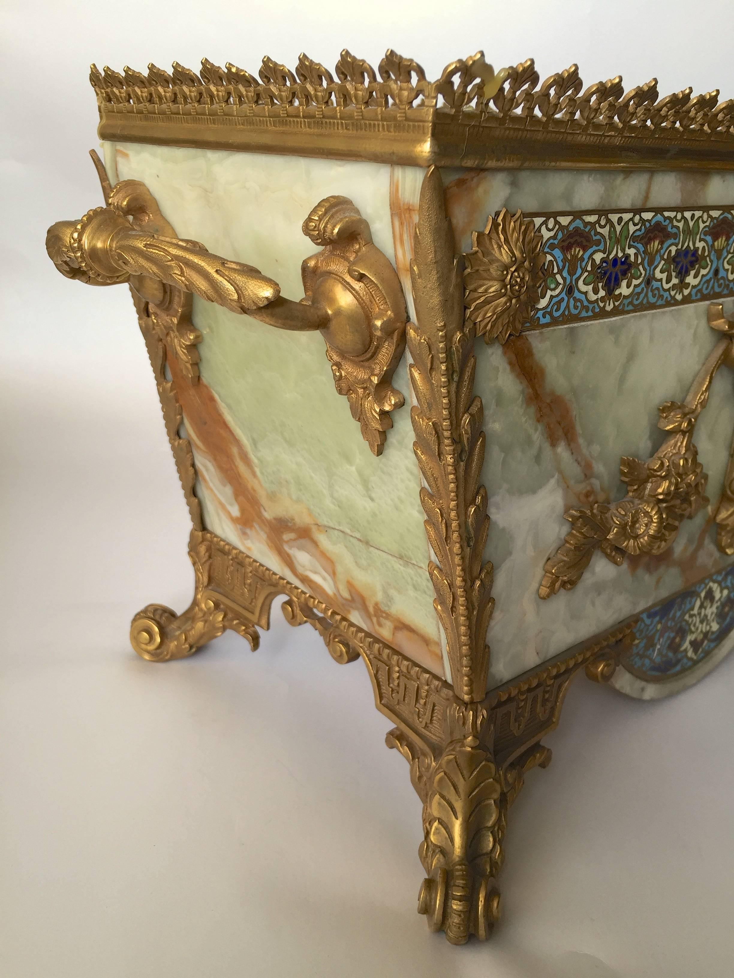 Gilt French Champleve Onyx Marble and Bronze Jardiniere on a Stand 19th Century For Sale