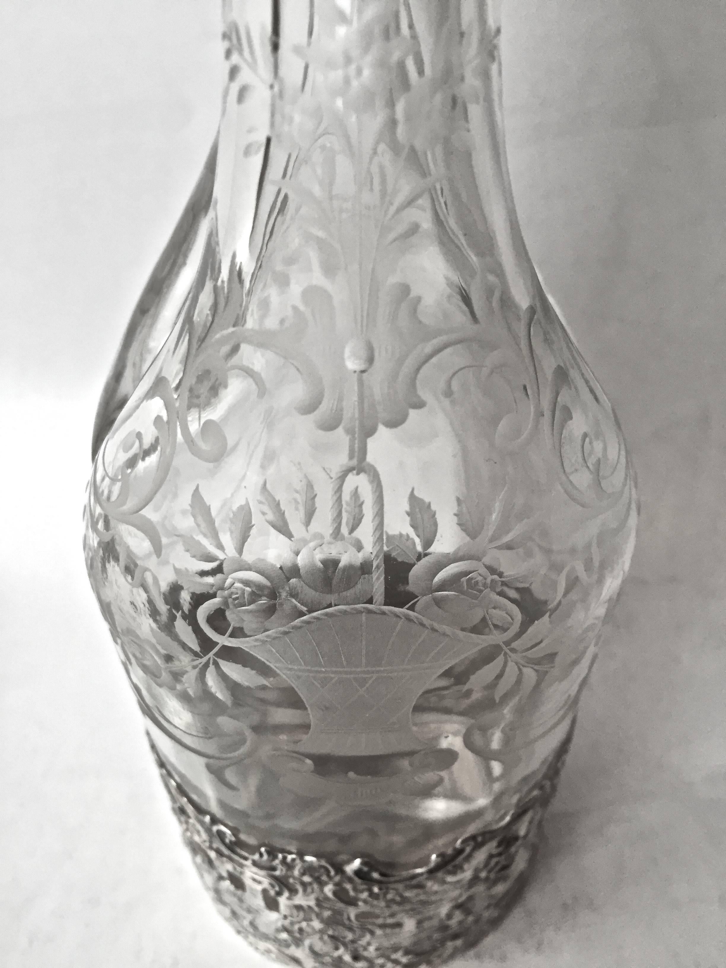 Early 20th Century German 800 Fine Silver and Etched Glass Decanters, Two Pair, circa 1900 For Sale