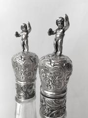 German 800 Fine Silver and Etched Glass Decanters, Two Pair, circa 1900