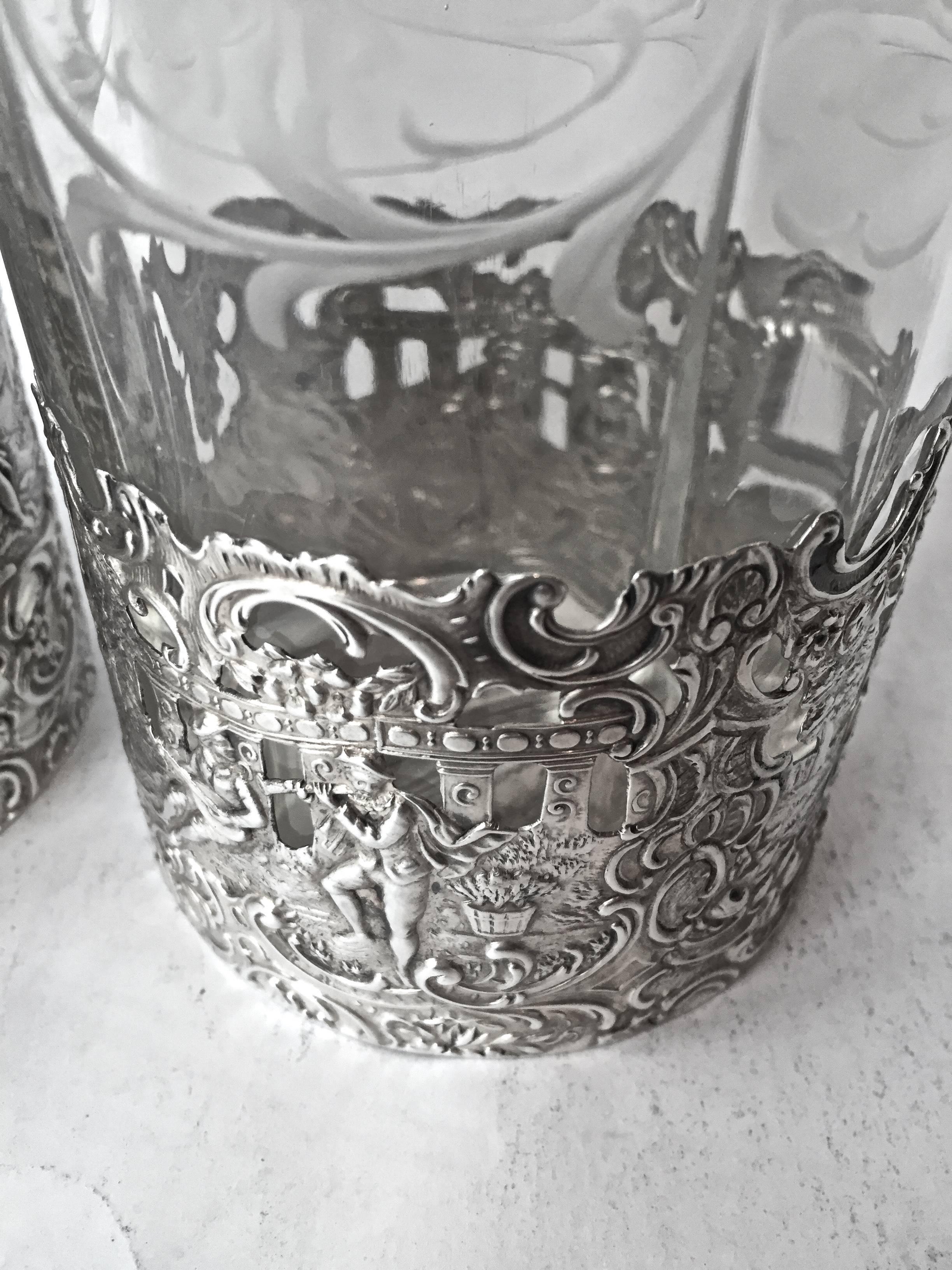 Cast German 800 Fine Silver and Etched Glass Decanters, Two Pair, circa 1900 For Sale