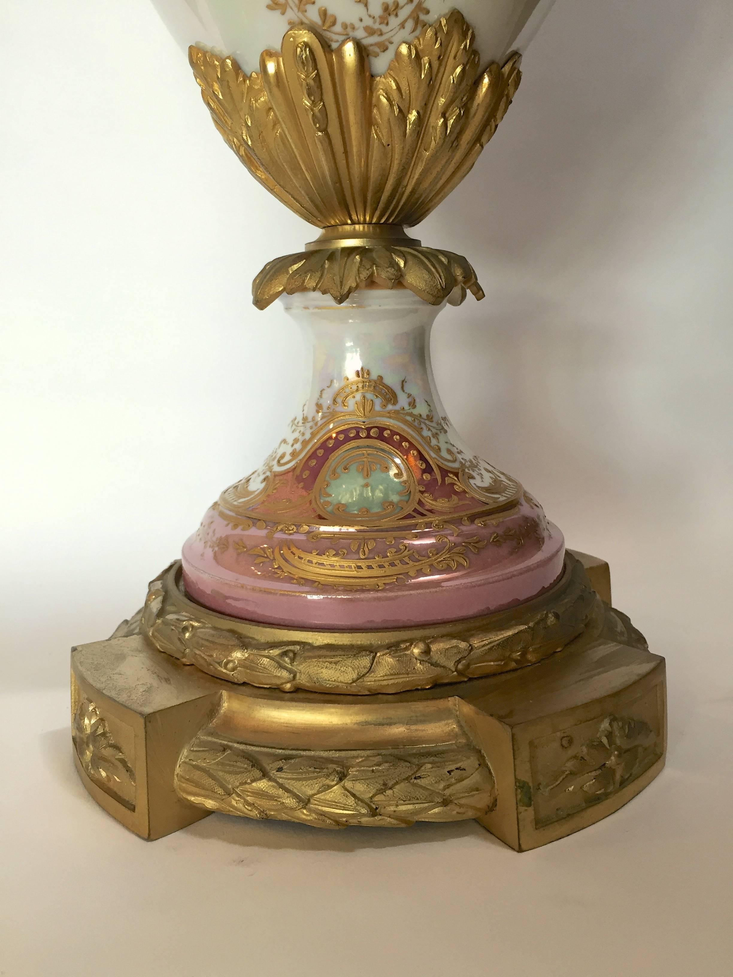 Art Nouveau Sevres Style Urn Lamped Hand-Painted Gilt Bronze Mounts France, circa 1890 For Sale