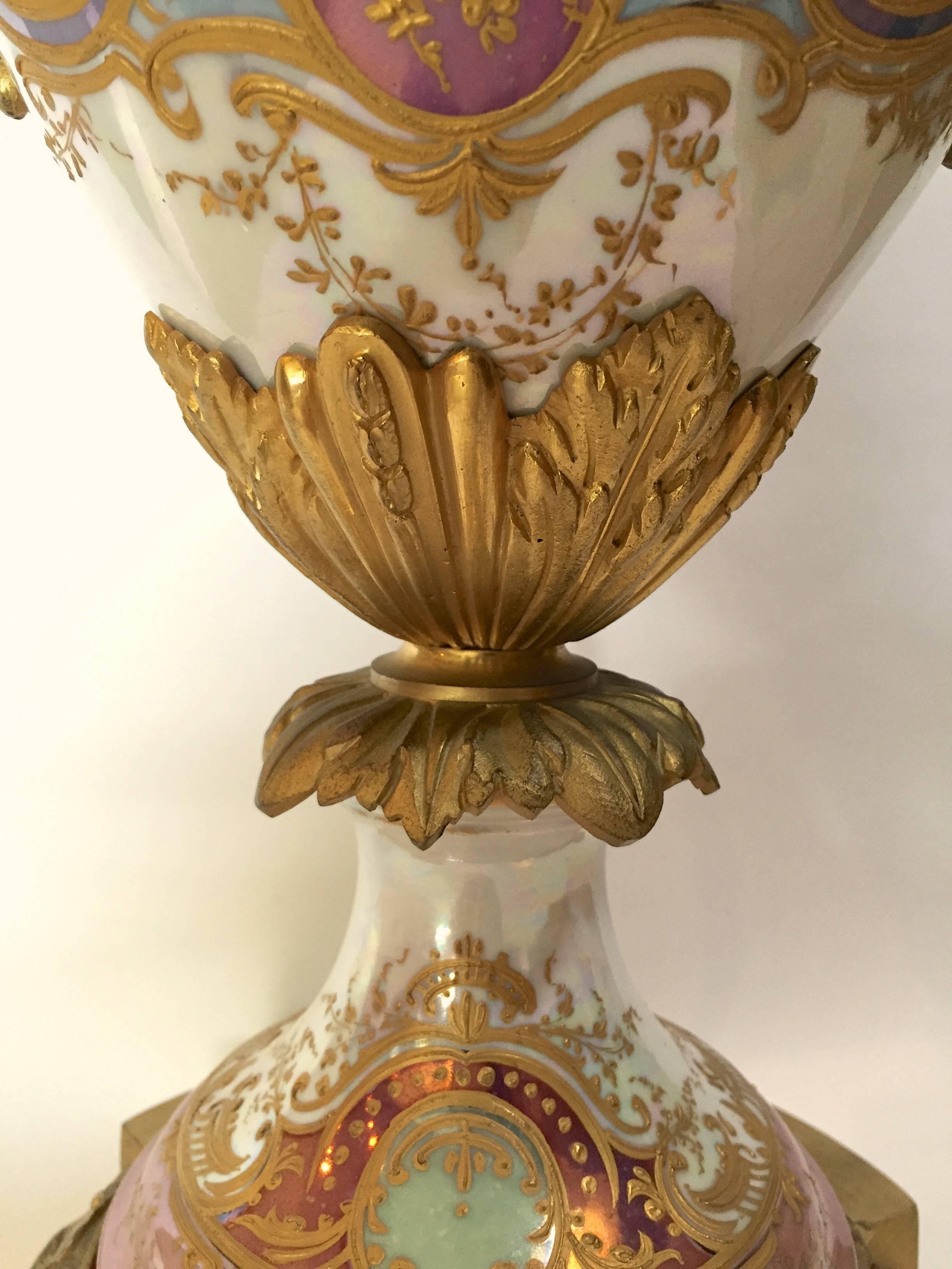 French Sevres Style Urn Lamped Hand-Painted Gilt Bronze Mounts France, circa 1890 For Sale