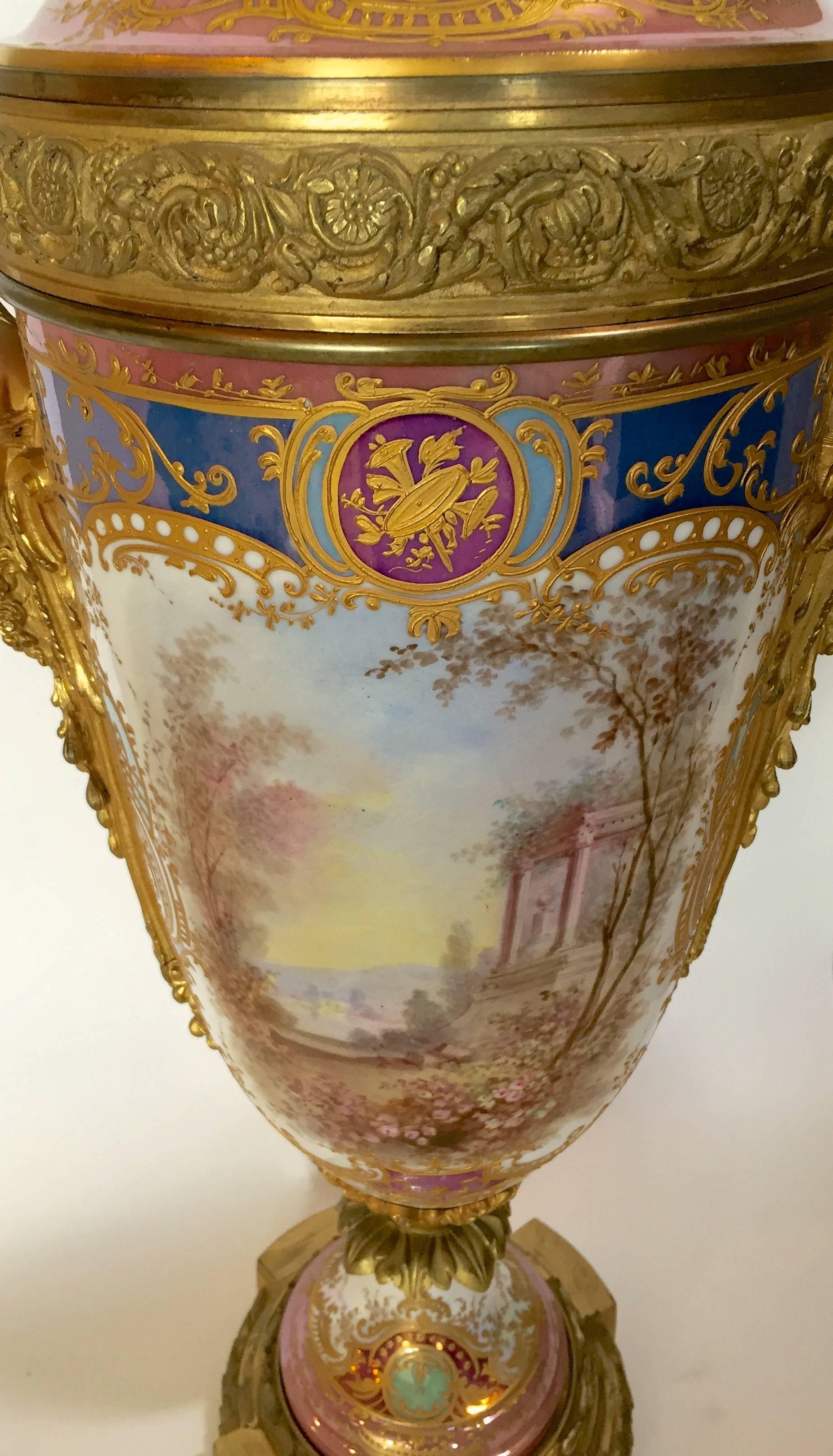 Sevres Style Urn Lamped Hand-Painted Gilt Bronze Mounts France, circa 1890 In Excellent Condition For Sale In Redding, CA