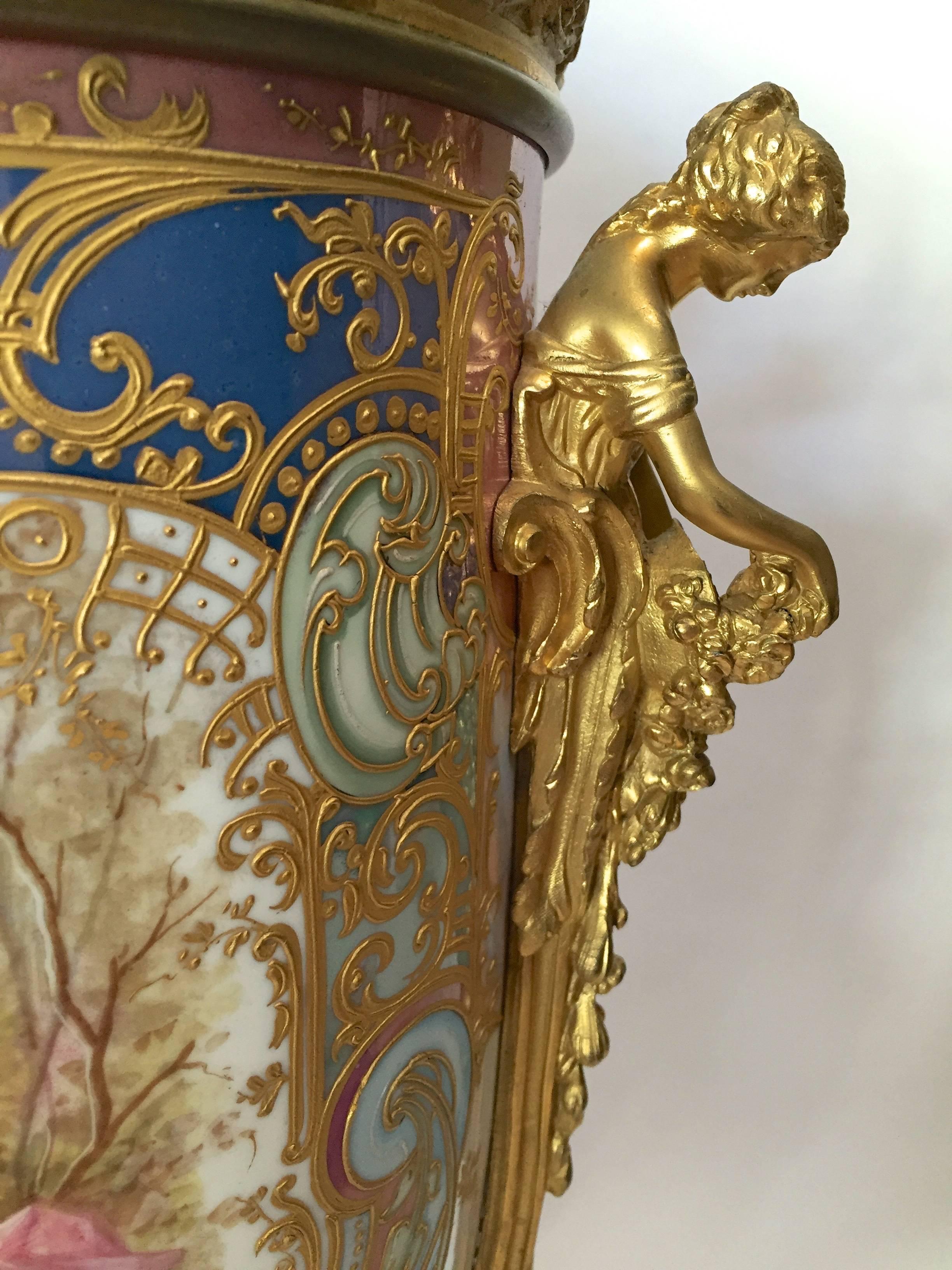 19th Century Sevres Style Urn Lamped Hand-Painted Gilt Bronze Mounts France, circa 1890 For Sale
