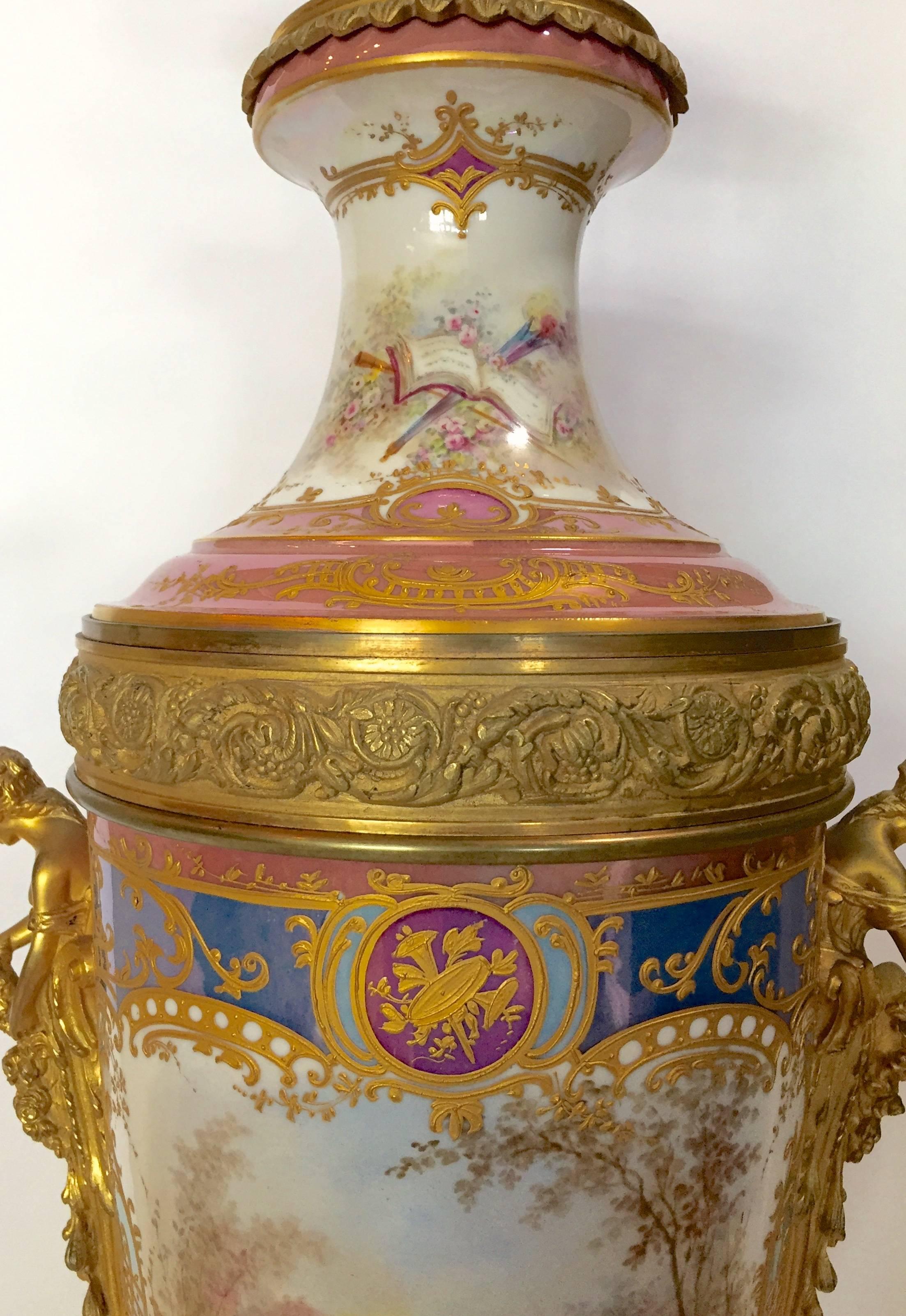 Sevres Style Urn Lamped Hand-Painted Gilt Bronze Mounts France, circa 1890 For Sale 2