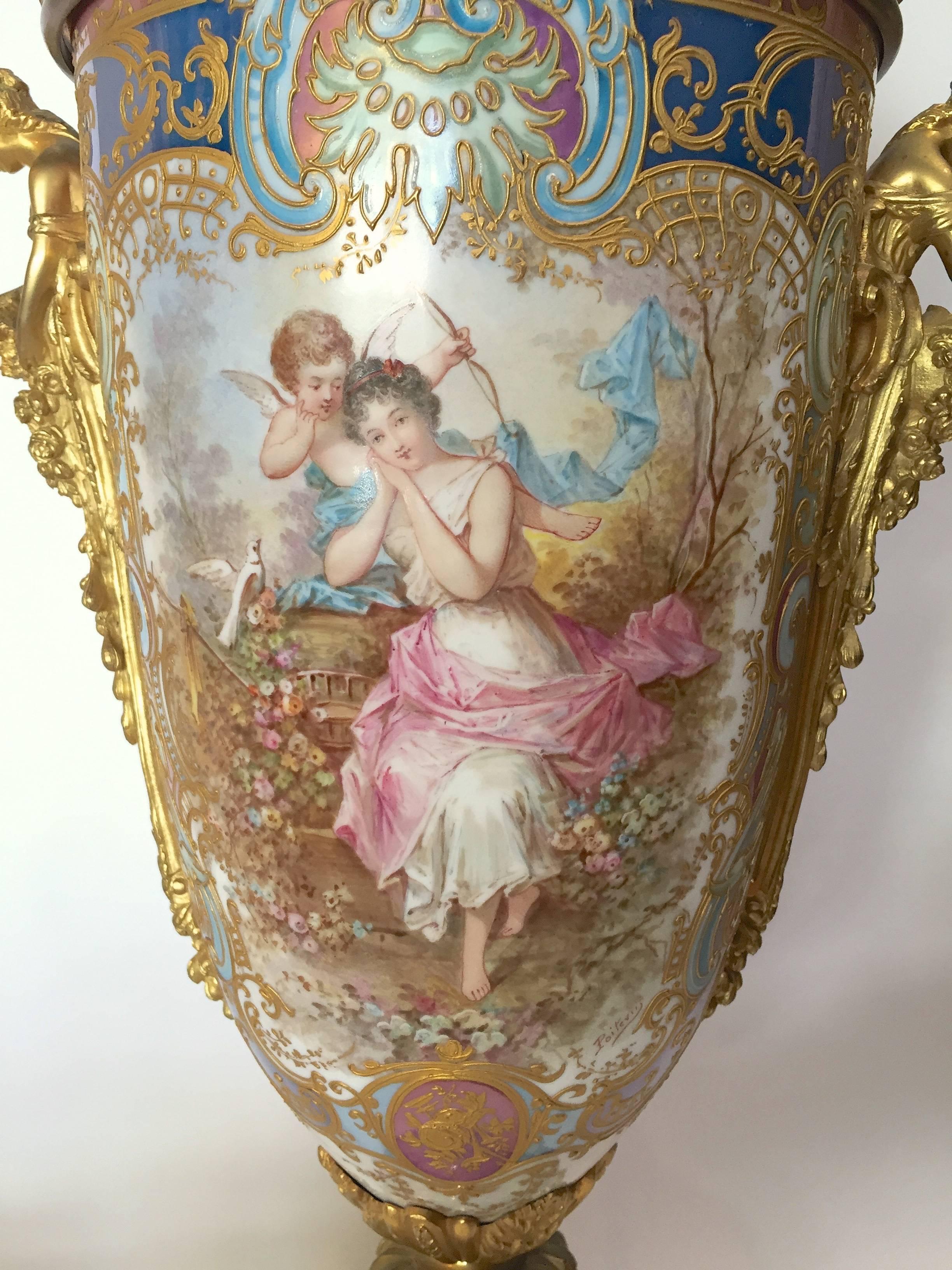 Sevres Style Urn Lamped Hand-Painted Gilt Bronze Mounts France, circa 1890 For Sale 3