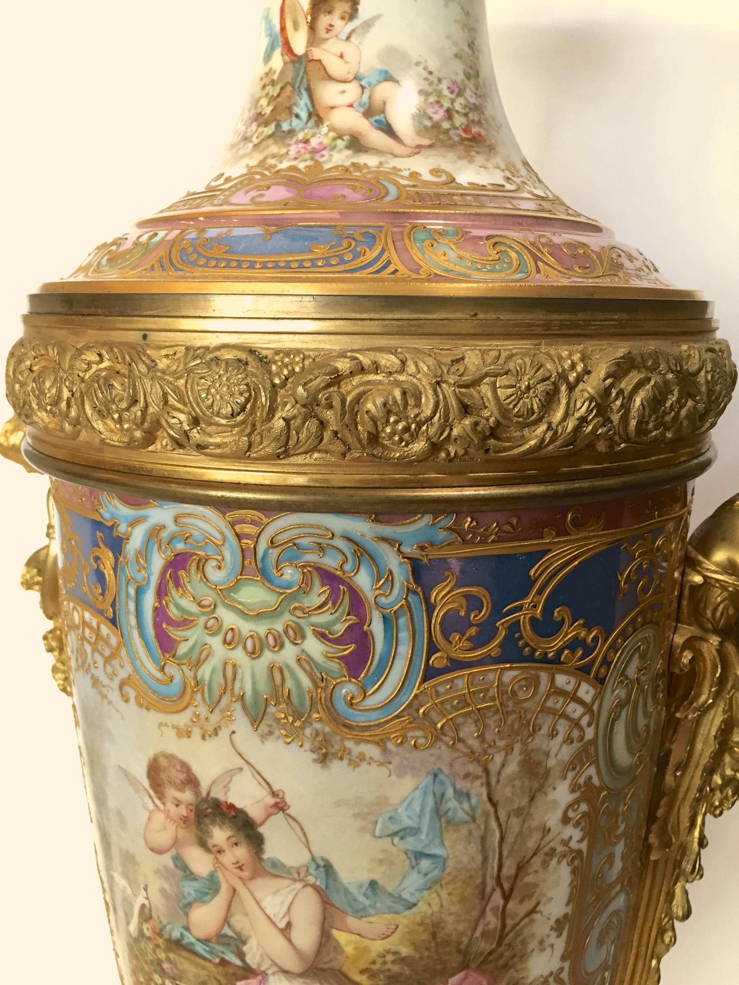 Sevres Style Urn Lamped Hand-Painted Gilt Bronze Mounts France, circa 1890 For Sale 4