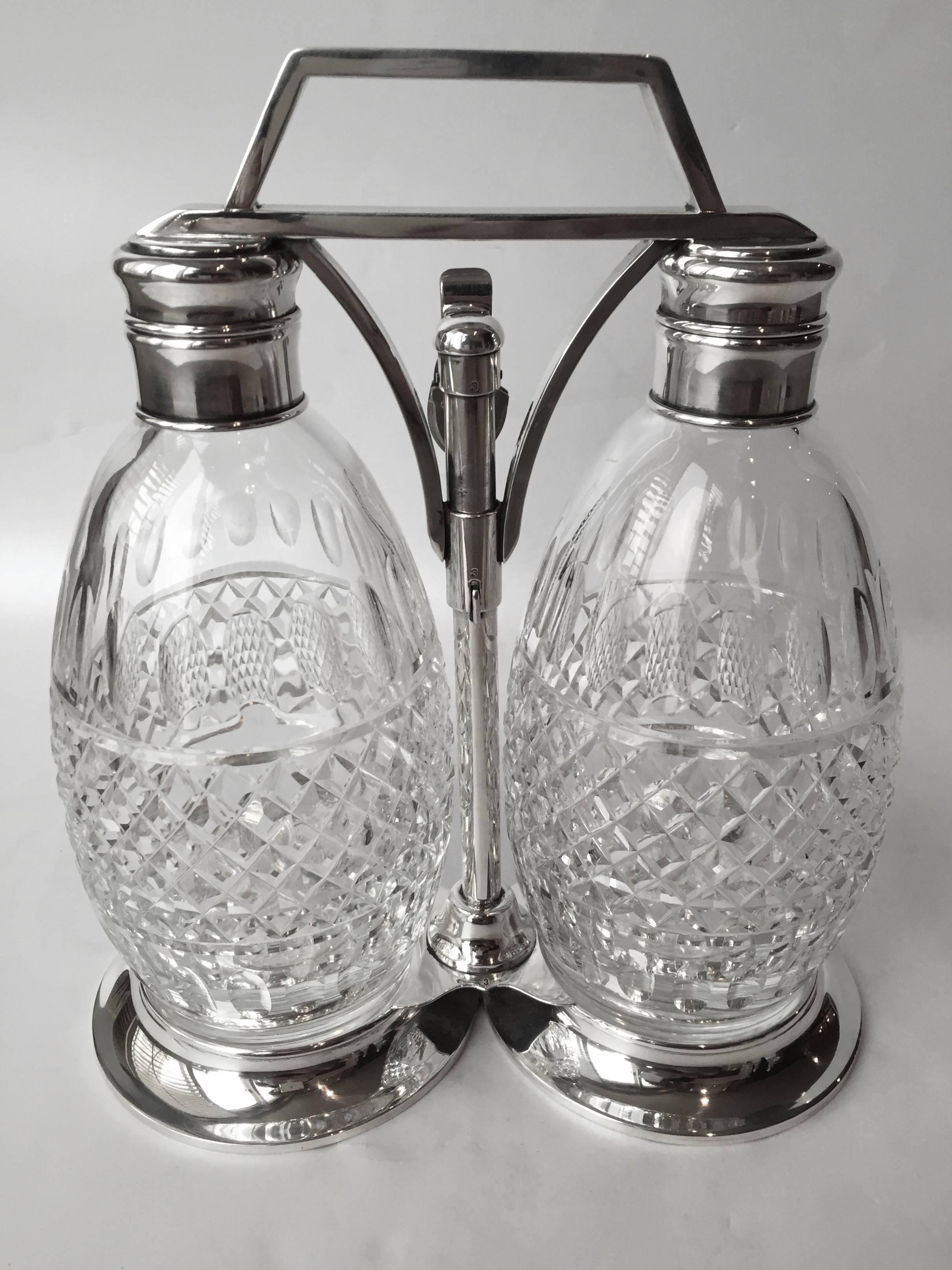 Mid-20th Century Hawkes Sterling and Cut-Glass Decanters on Locking Sterling Stand, 1940 For Sale