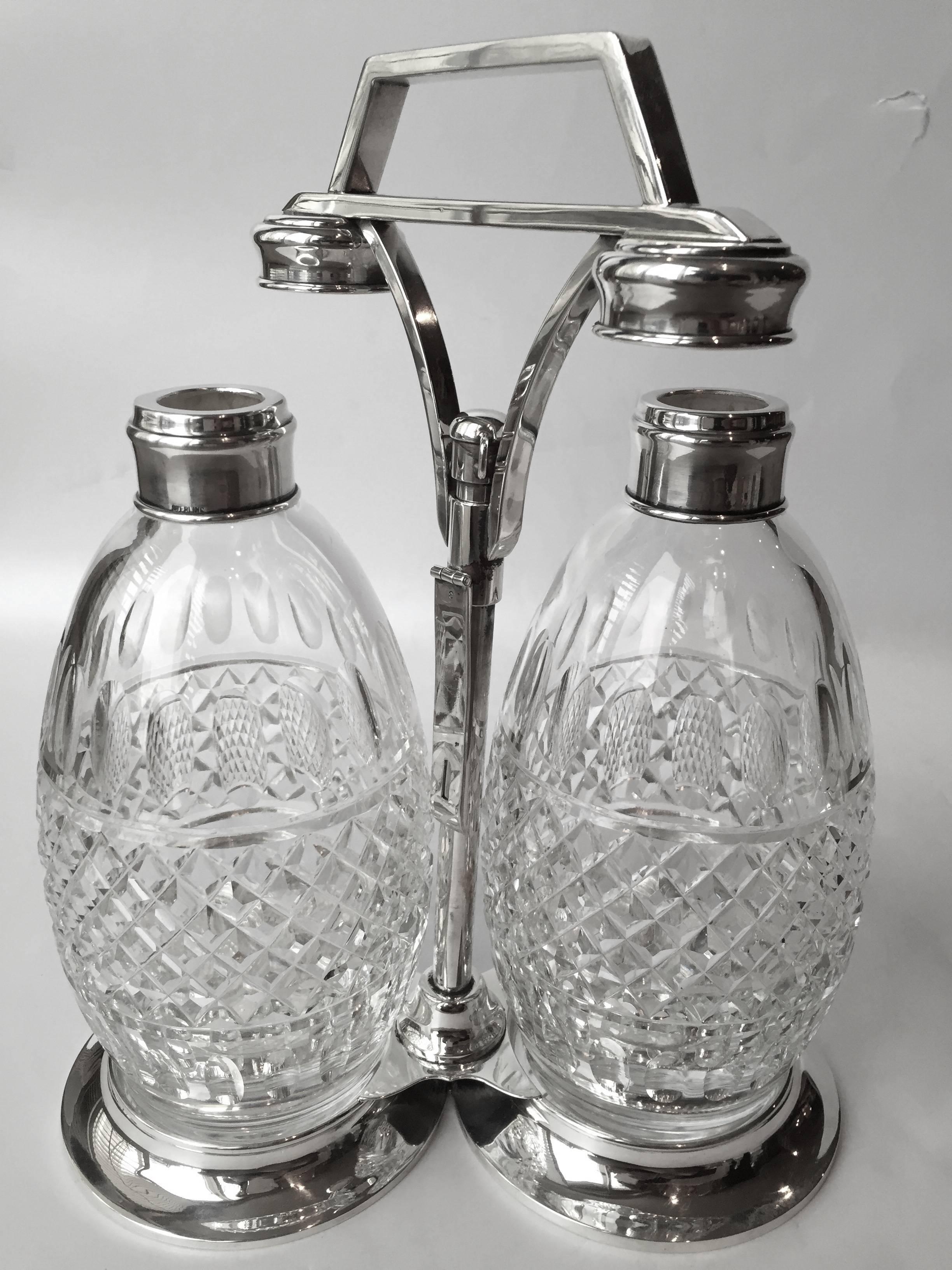 Cut Glass Hawkes Sterling and Cut-Glass Decanters on Locking Sterling Stand, 1940 For Sale