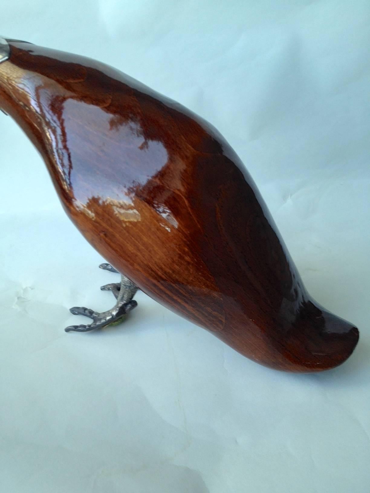 Mid-Century Modern Mexican Wood and Silver Plate Goose Signed, circa 1950