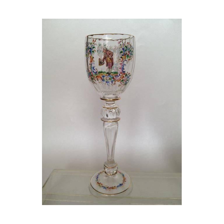 Eight Lobmeyr Style Wine Glasses, Austria, circa 1900, Hand-Painted, Extra Tall In Excellent Condition For Sale In Redding, CA