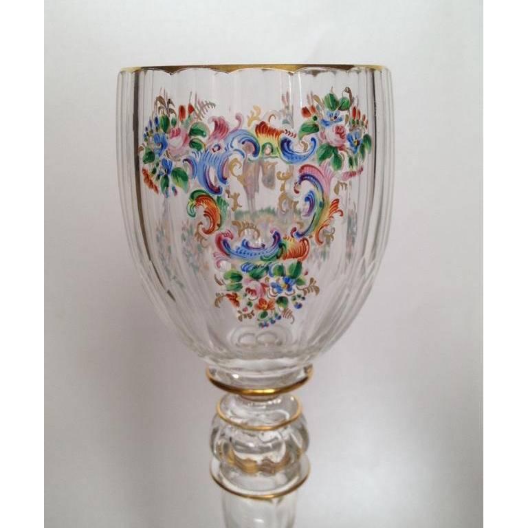 Early 20th Century Eight Lobmeyr Style Wine Glasses, Austria, circa 1900, Hand-Painted, Extra Tall For Sale