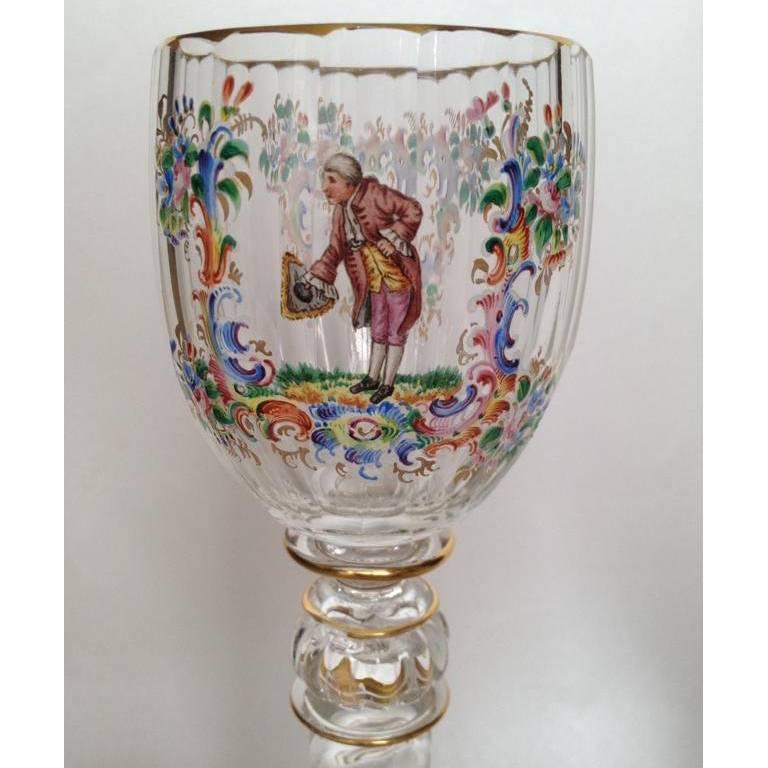Eight Lobmeyr Style Wine Glasses, Austria, circa 1900, Hand-Painted, Extra Tall For Sale 3