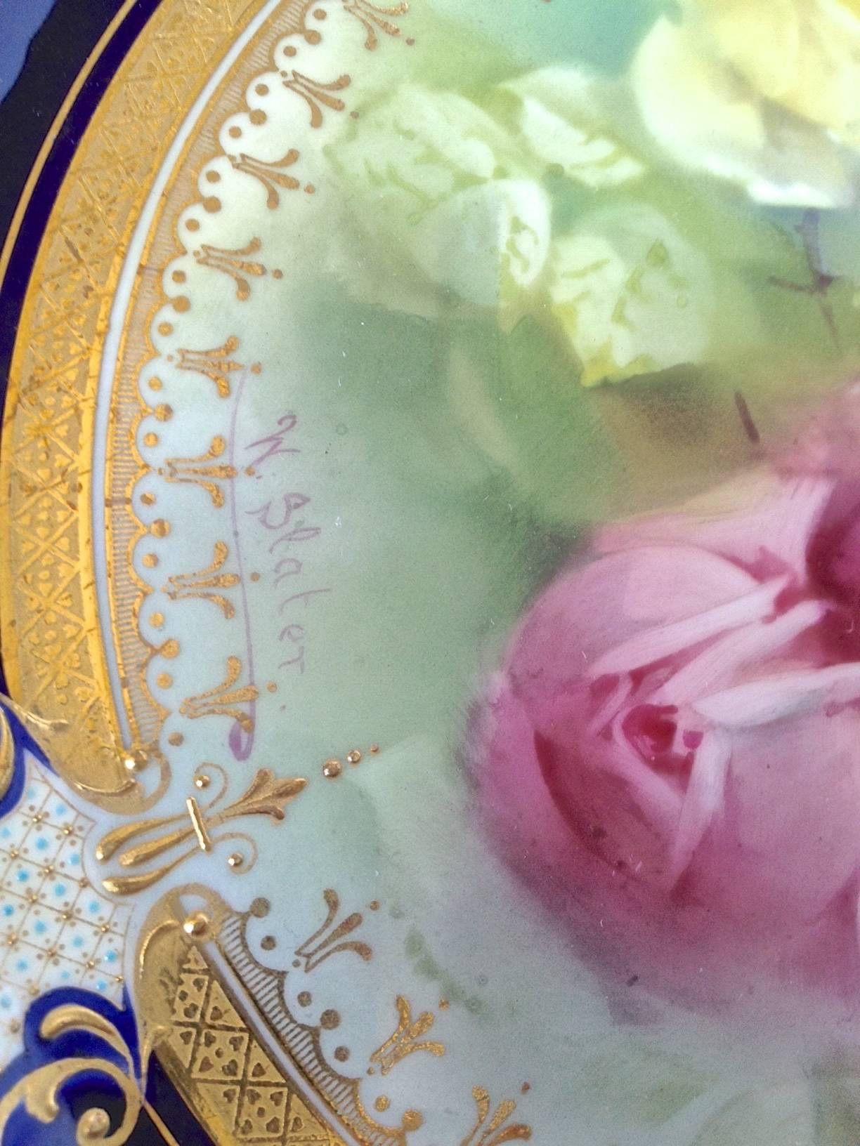 Gilt Antique Royal Doulton Rose Plates Signed W. Slater, circa 1920s, Hand-Painted For Sale
