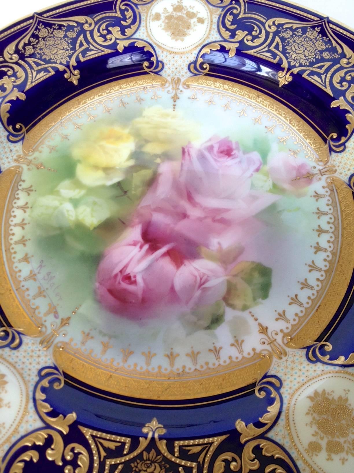 Early 20th Century Antique Royal Doulton Rose Plates Signed W. Slater, circa 1920s, Hand-Painted For Sale