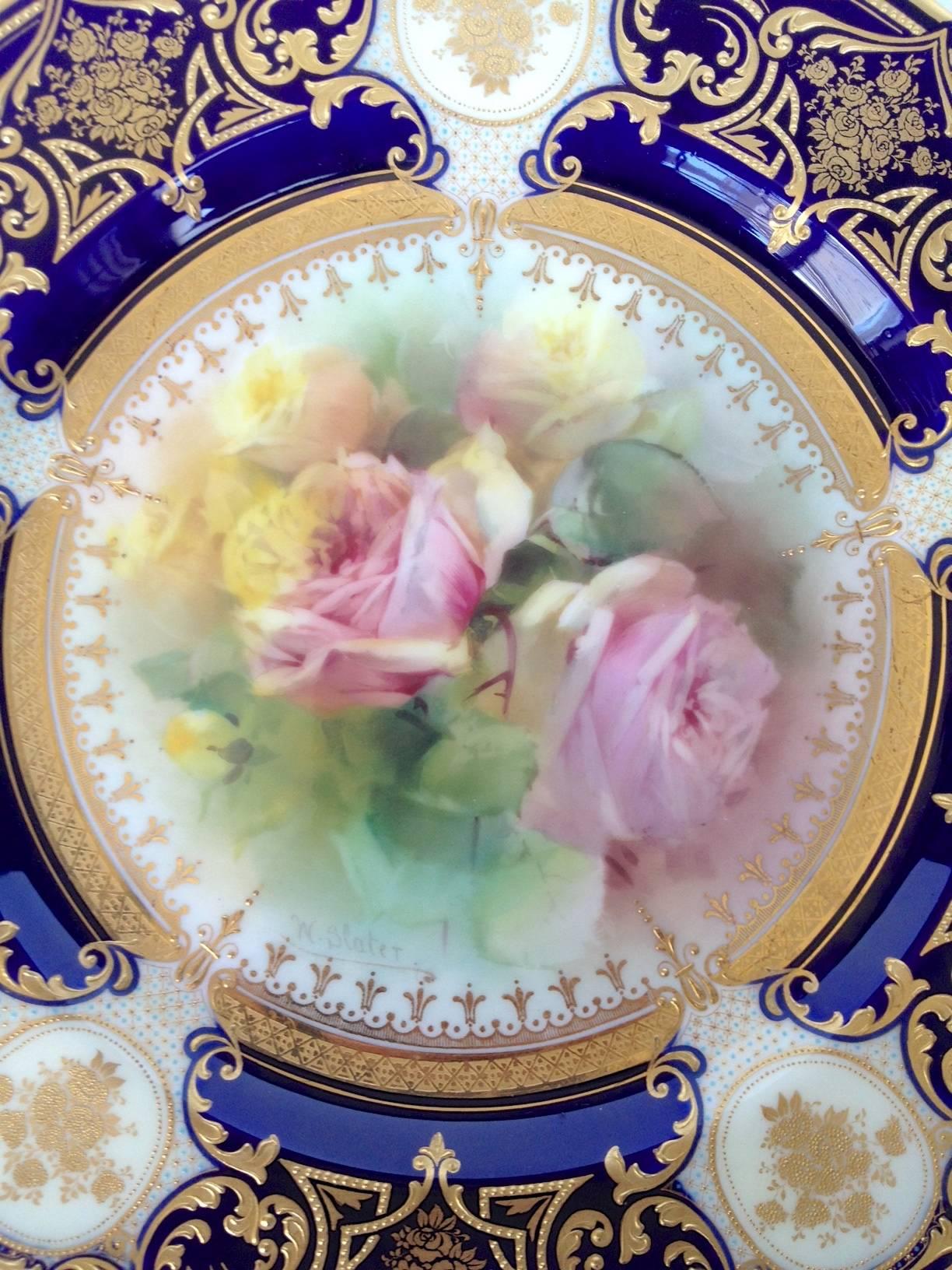 Antique Royal Doulton Rose Plates Signed W. Slater, circa 1920s, Hand-Painted In Excellent Condition For Sale In Redding, CA