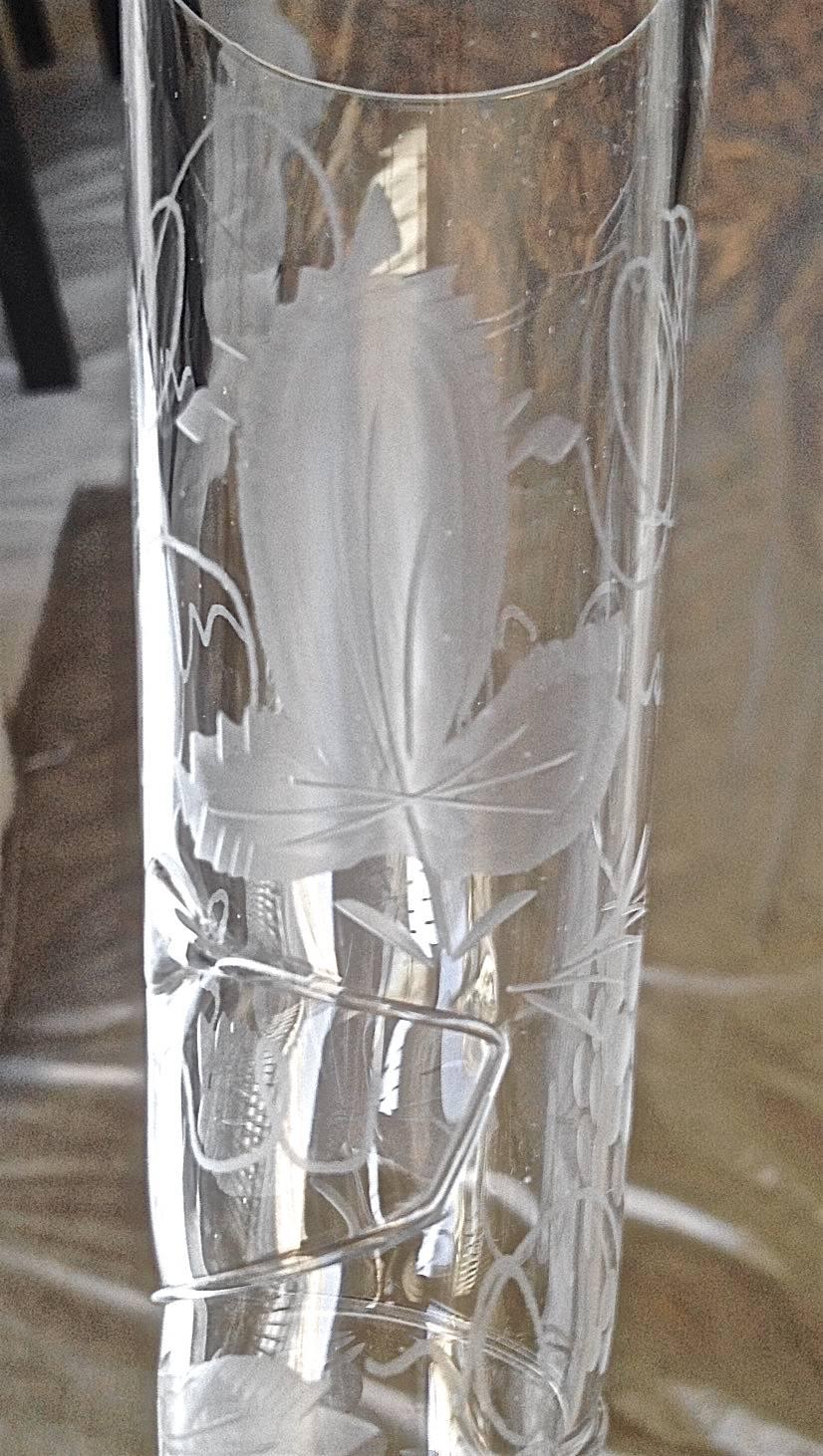 Rare and exciting set of 12 extra tall skinny champagne flutes beautifully etched and with applied glass swirling down. The quality of the etching is the best, and the precise application of the glass is mind blowing. Absolutely fantastic! In