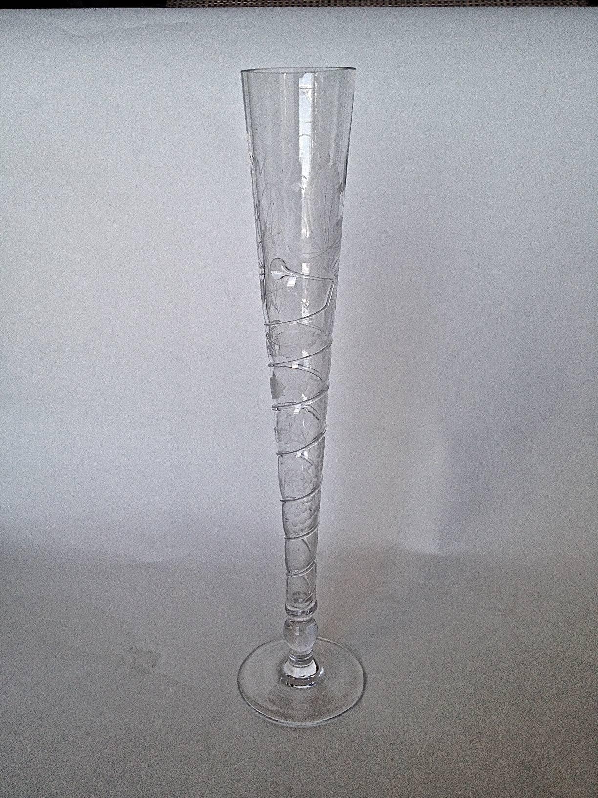 Appliqué 12 Antique Bohemian Champagne Flutes Etched and Applied Clear Glass, circa 1910