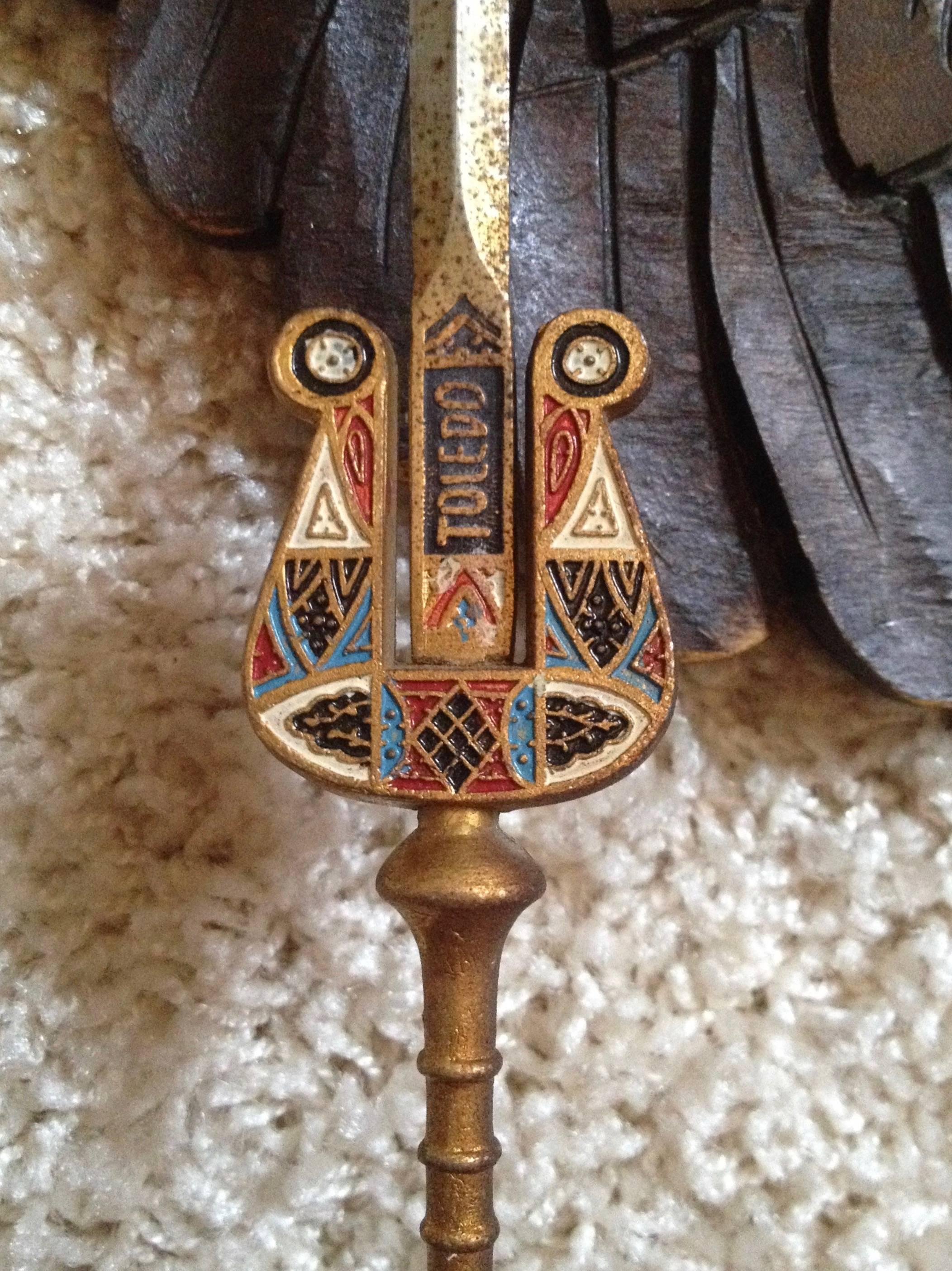 Mid-20th Century Vintage Spanish Sword Stand Carved Wood Plaque Enameled Decoration, 1940