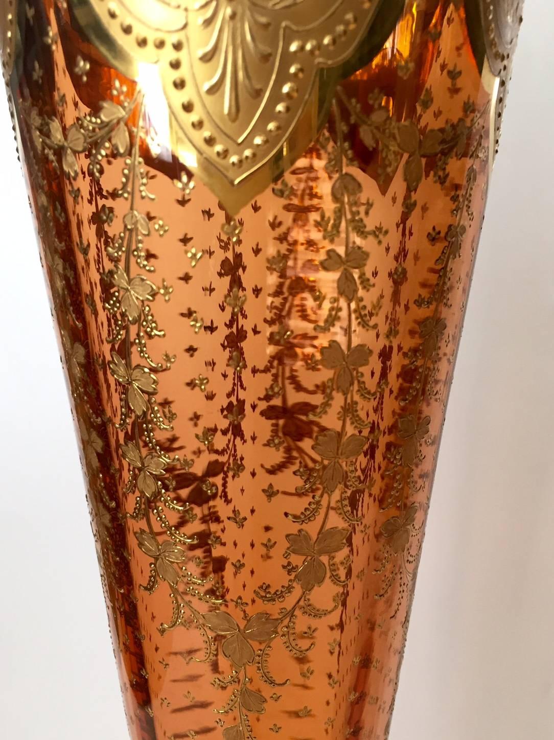 20th Century Monumental Exhibition Moser Vases in Raised Gilt Cranberry Glass, circa 1900 For Sale