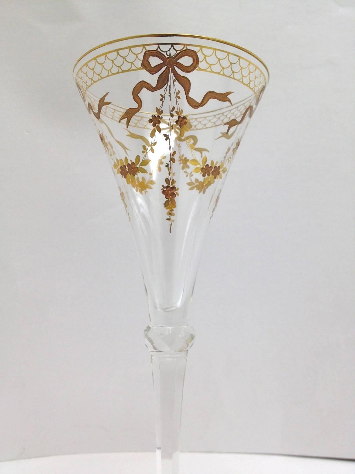 Louis XVI Nine Rare Moser Glass Campagne Flutes Richly Gilded in Two Tones, circa 1900