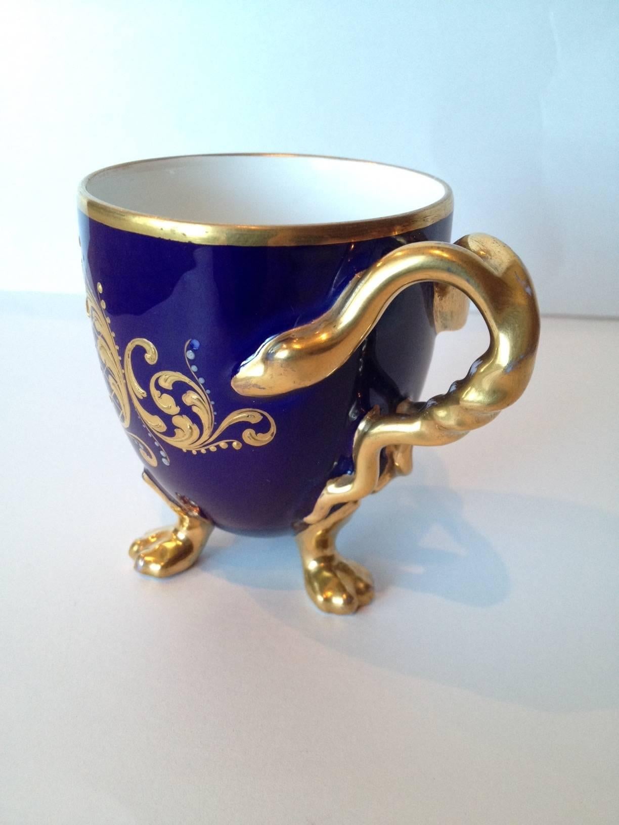 Austrian Vienna Cup and Saucer Twisted Snake Handle Paw Feet Egg Shape, 19th Century For Sale