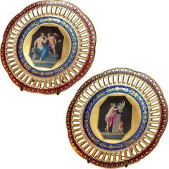 Rare and Unusual Reticulated Vienna Plates Three Glaze Colors, 19th Century