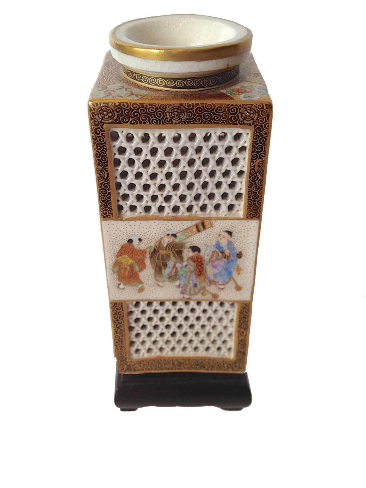 Enameled Finely Painted and Reticulated Satsuma Vase Ryozan for Yasuda Trading Co